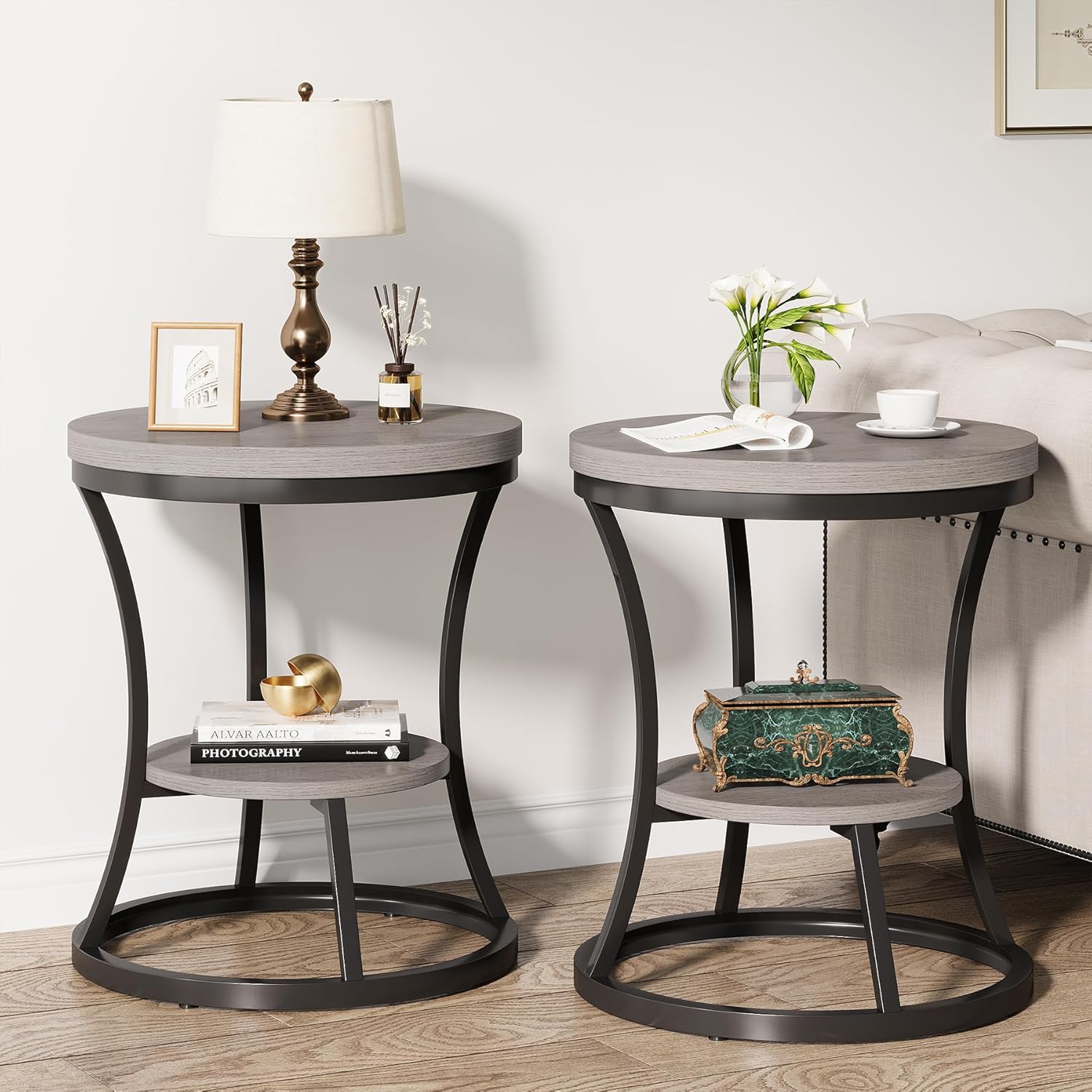 Amazon.com: Condemo Round End Table Set of 2, 2 Tier Industrial Side ...