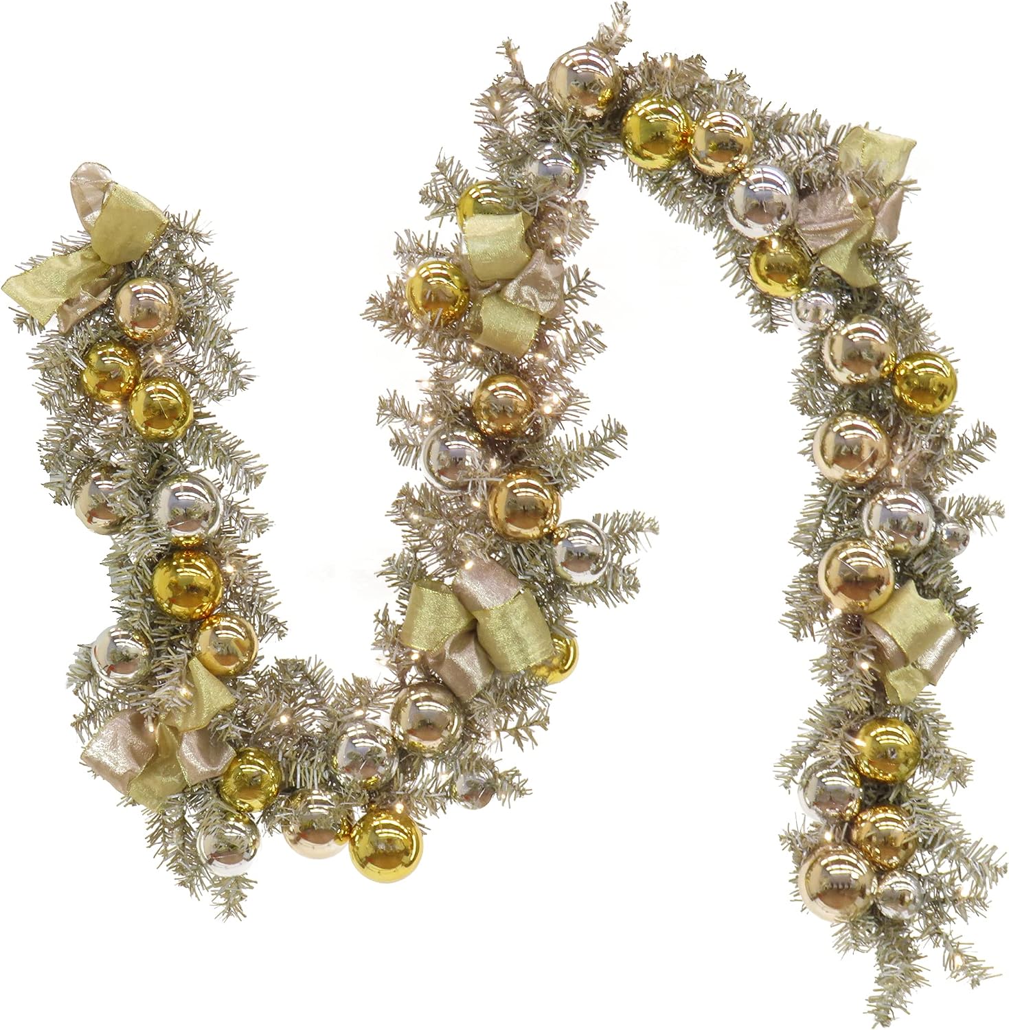 National Tree Company Pre Lit Artificial Garland, Metallic, Gold, Decorated with Gold and Silver Ball Ornaments, Golden Bows, Warm White LED Lights, Christmas Collection, 9 Feet