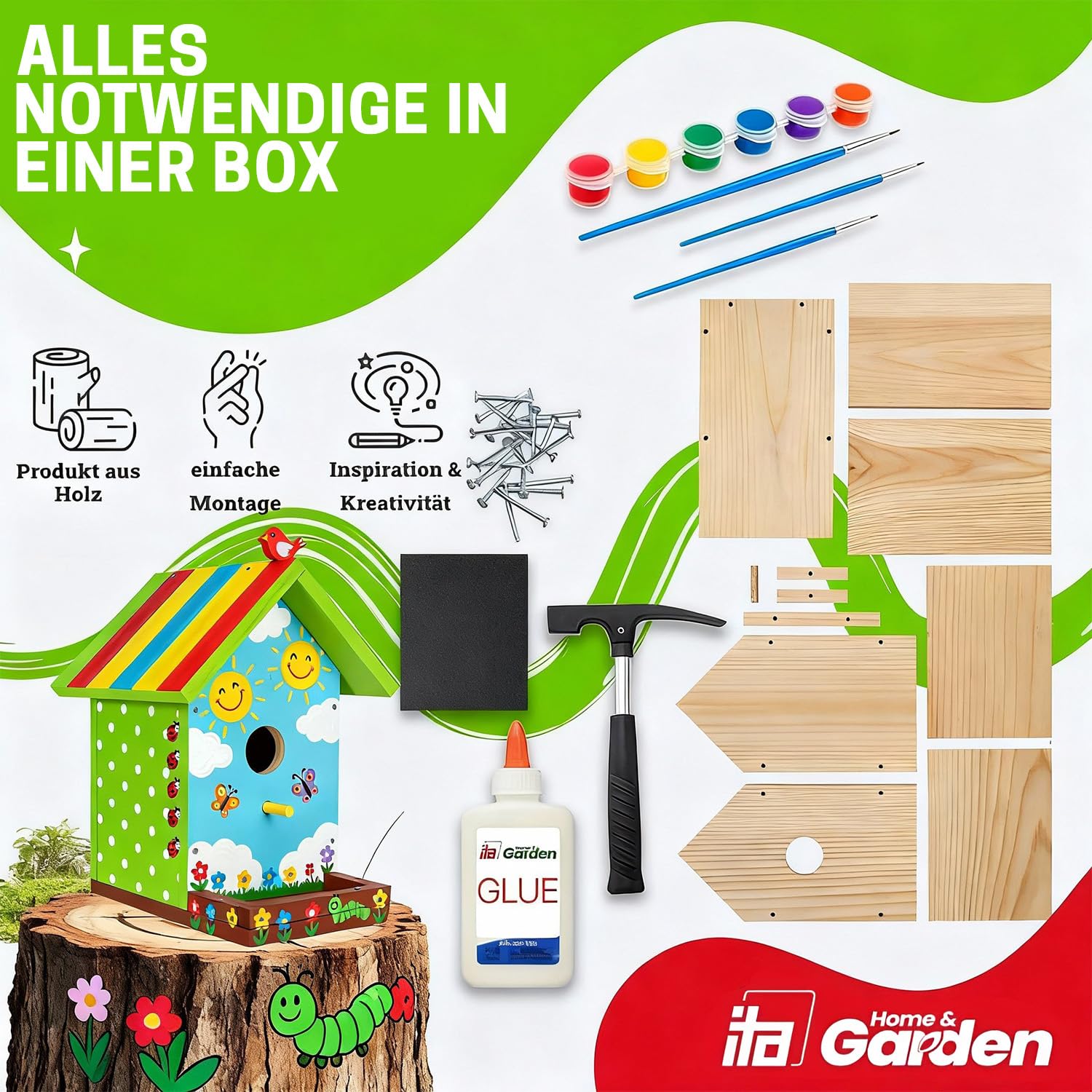 ITA DIY Nistkasten Skylark zum Zusammenbauen und Bemalen, Holz Bastelset für Kinder ab 7 Jahren, mit Hammer, Nägeln, Farben, 3 Pinseln & Schleifpapier, FSC®-zertifiziertes Holz