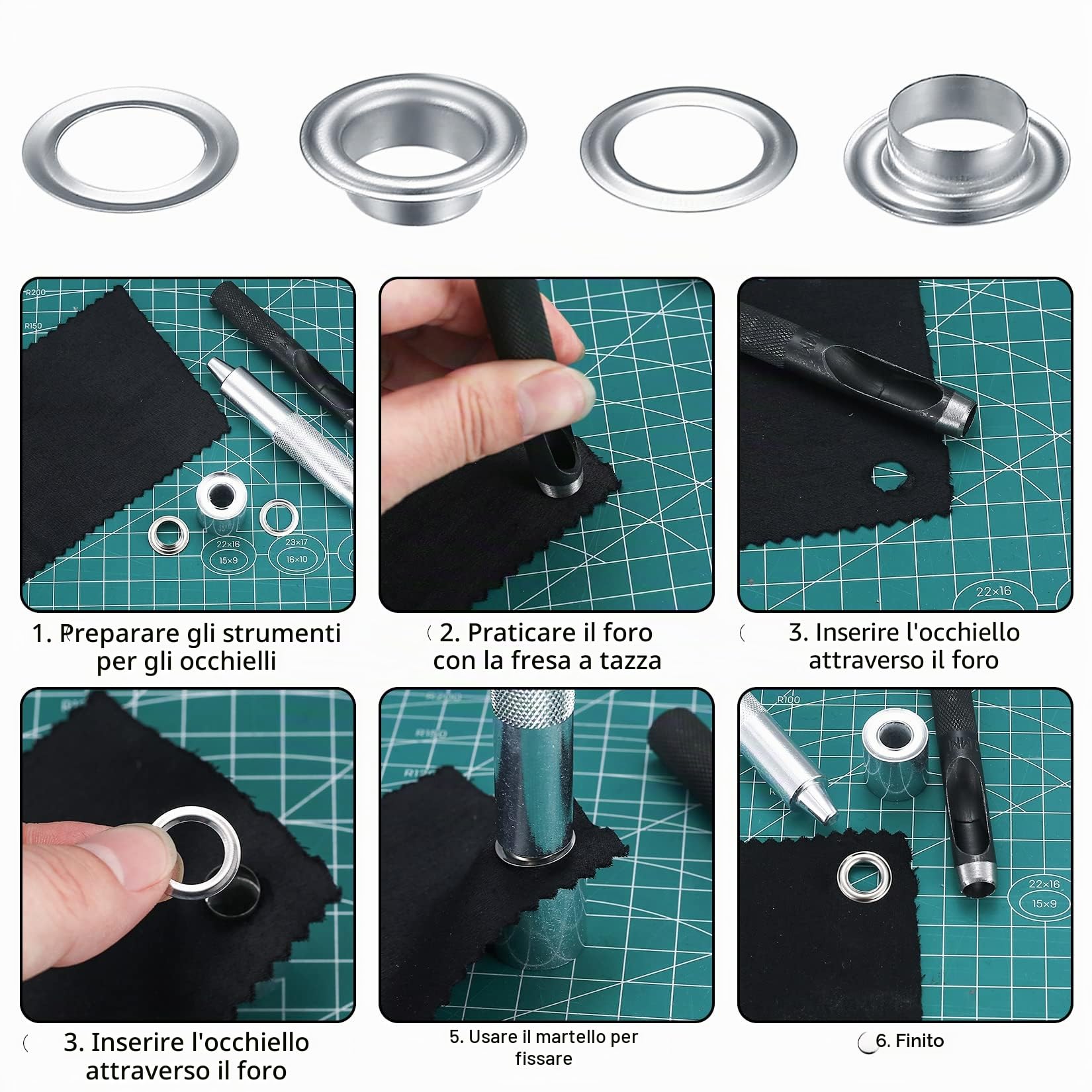 120 Kit Occhiello Passacavi Grommet Rondelle, Occhielli di Metallo Strumento Set, Occhiello Anelli Passacavo con Strumenti Installazione Kit per Telone Tessuto Tenda Fai da Te