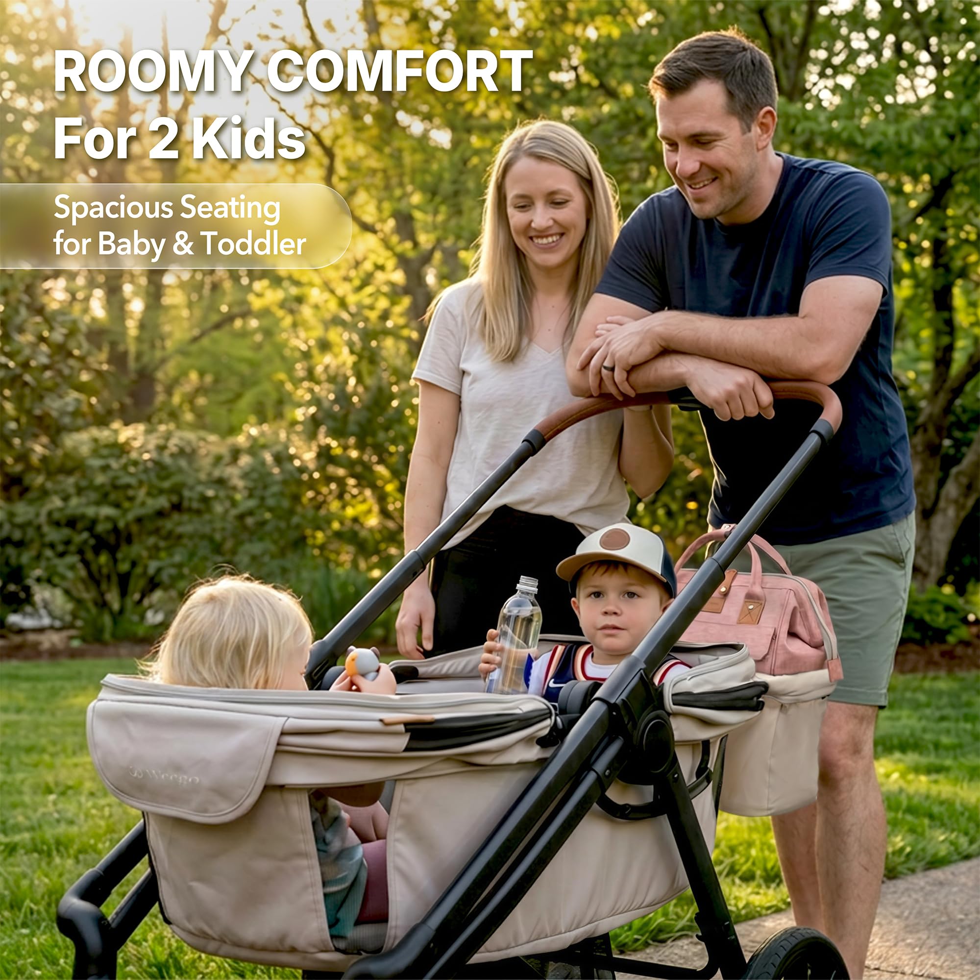 Tandem Wagon Kinderwagen für 2 Kinder, All-Terrain mit abnehmbarem UV-Schutzdach, verstellbarem Schiebe-/Ziehgriff, Snack-Tablett und Getränkehalter, perfekt für Baby und Kleinkind (Khaki)