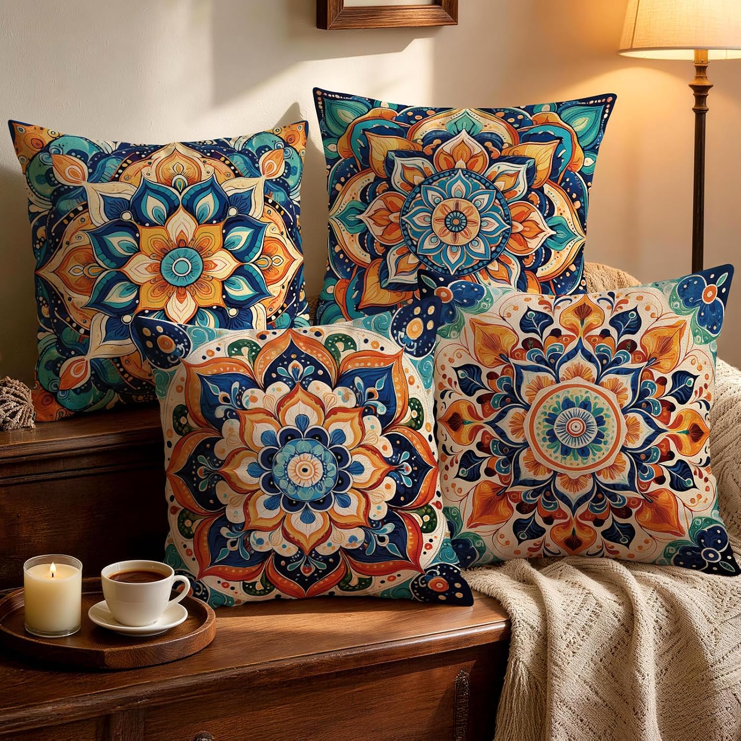 OBSEDE Boho Mandala Decorative Throw Pillow Covers 18 x 18 Inch Set of 4