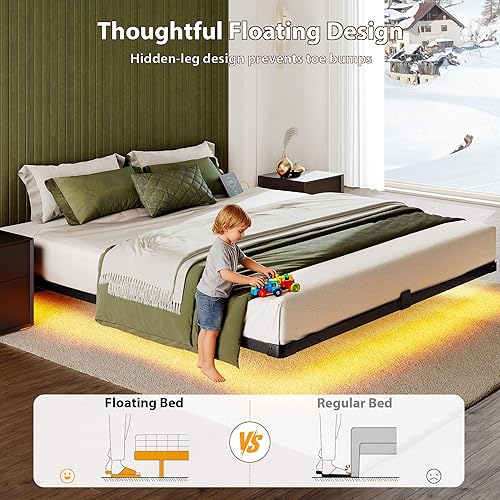 Miniatura 3 de Base de cama tamaño Queen, marco de cama flotante con luces LED inteligentes y estación de carga, plataforma de metal moderna con tapón deslizante