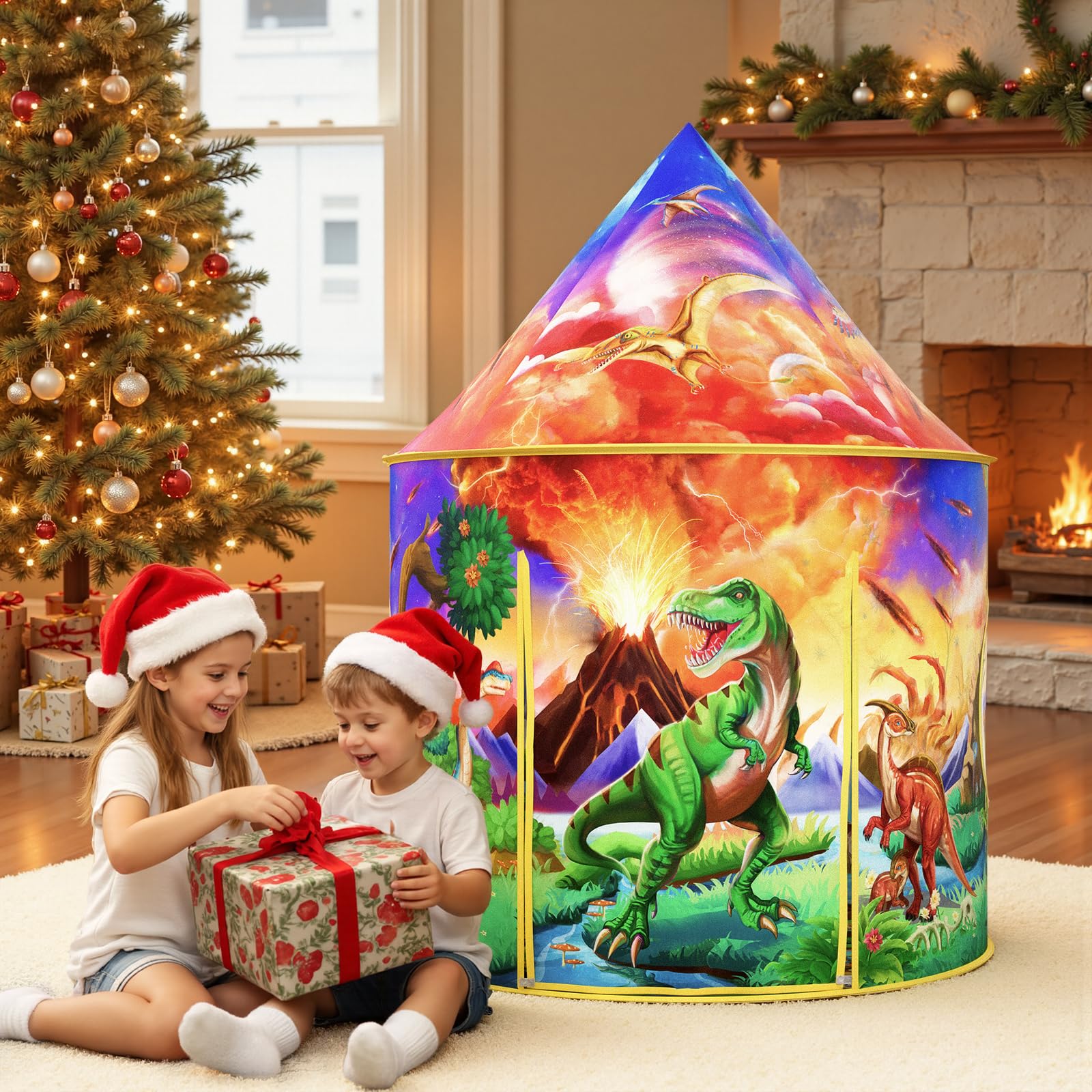 Wilwolfer Tente de Jeu pour la découverte des Dinosaures, Grande Tente Pop-up pour l'intérieur et l'extérieur, Aventure éducative des Dinosaures pour Les garçons et Les Filles (3-12 Ans).