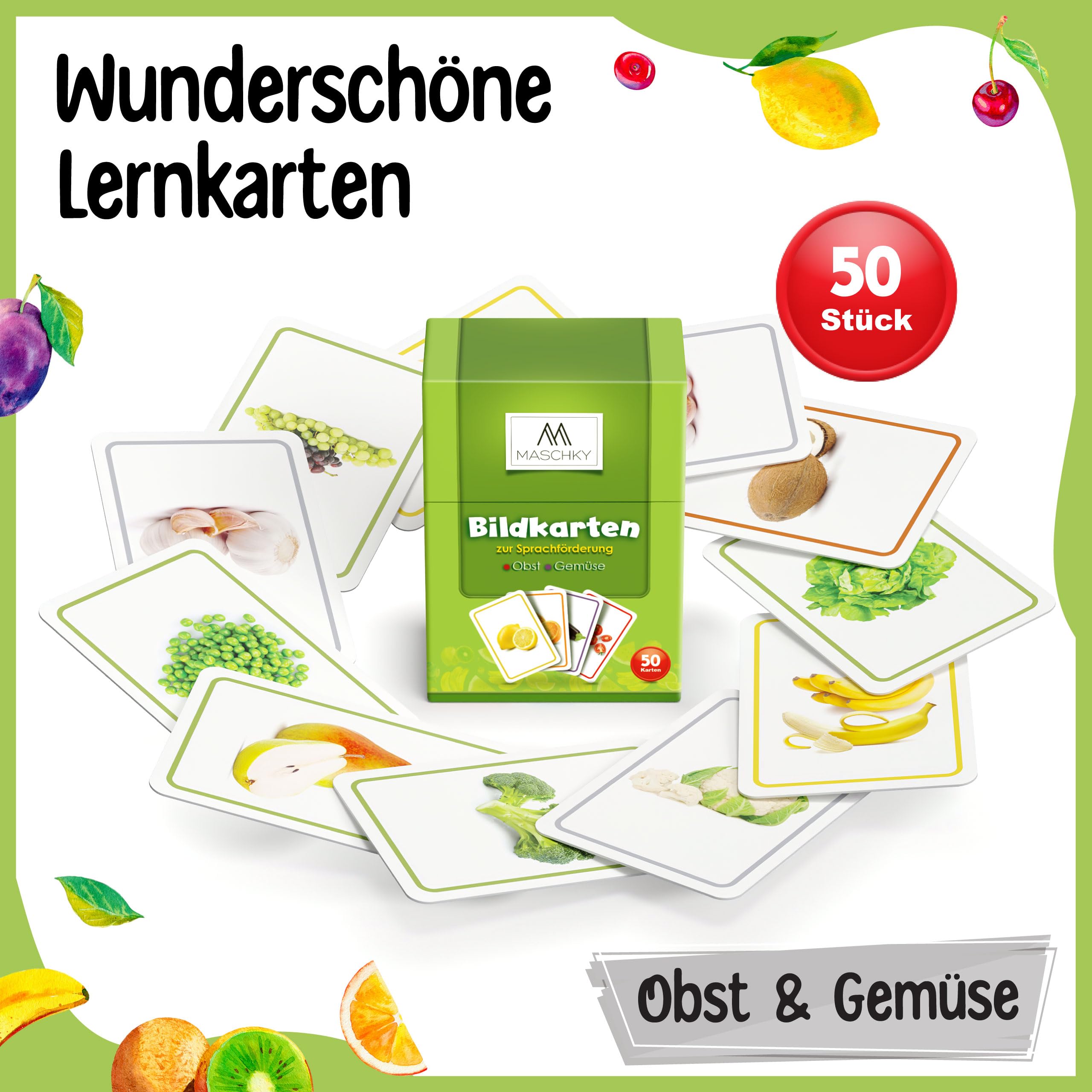 MASCHKY - Schede educative per bambini – Carte immagini di alta qualità – Promozione vocale – Montessori – Carte immagini stabili e spesse – Giochi di logopedia – Bilingue – Ottima idea regalo..