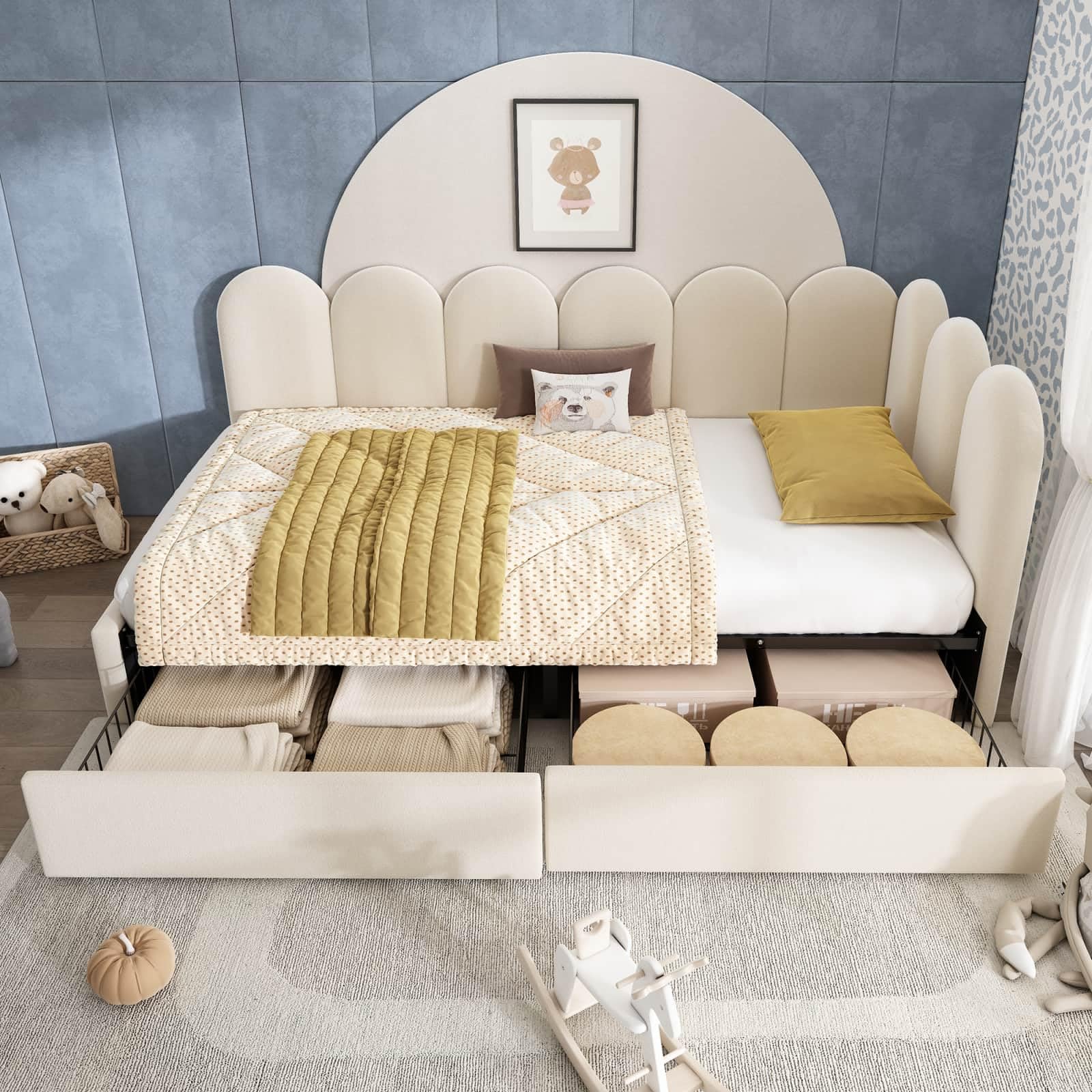 EURHCIO Lit 90x190cm,Canapé Lit en Velours avec 2 Tiroirs Rangement,Sommier à Lattes,pour Enfant Adolescent (Beige, 90x190-A)