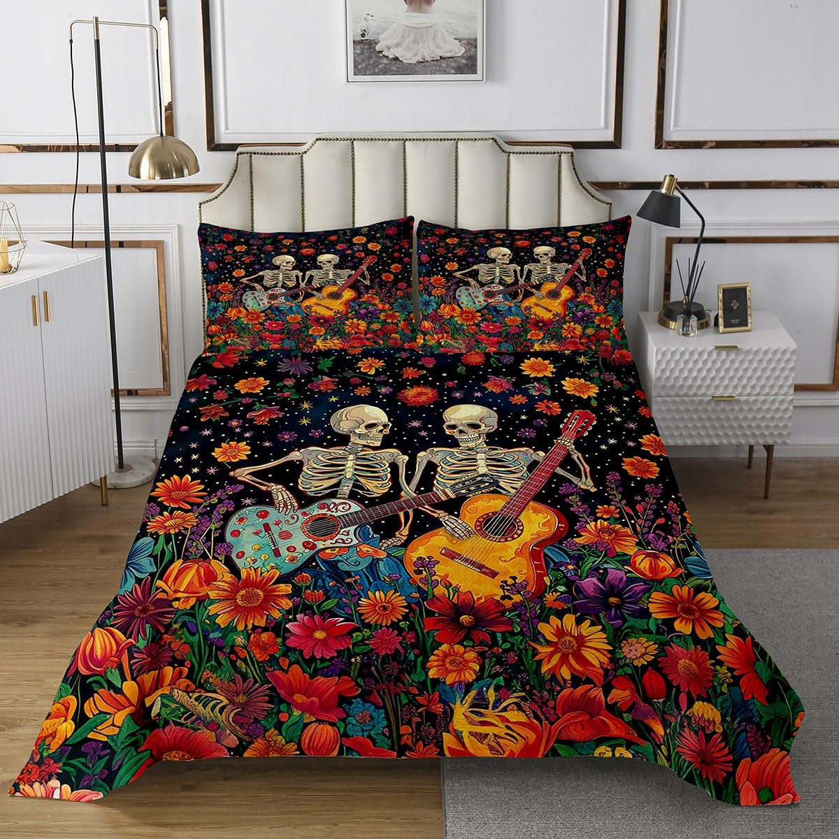 Manfei Couple Skeleton Kids Bedspread King Size,Gothic Skull Plays The Guitar Coverlet Set,Boys Girls Room Decor,Daisy Flowers Trippy Halloween Quilted Coverlet,Colorful Bedding Quilt,2 Pillowcases