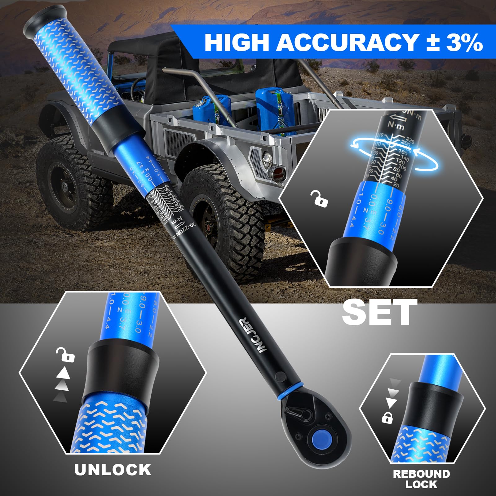 Set di chiavi dinamometriche per auto, 1/2", 20-220 Nm, certificato TÜV GS, 6 pezzi, con asta di prolunga da 125 mm, adattatore da 1/2"-3/8", 3 bussole da 17/19/21 mm, torque wrench per