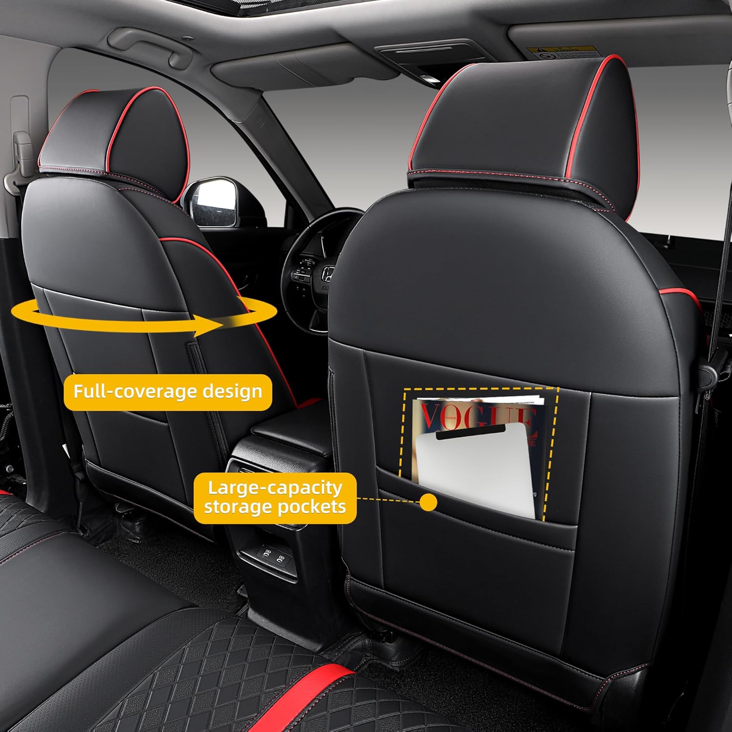 Custom Fit CRV Seat Covers for 2023-2026 Honda CR-V Hybrid & Gas, Waterproof Faux Leather Full Set Car Seat Cover, Fits LX, EX, EX-L, Sport, Touring, TrailSport (Black+Red)
