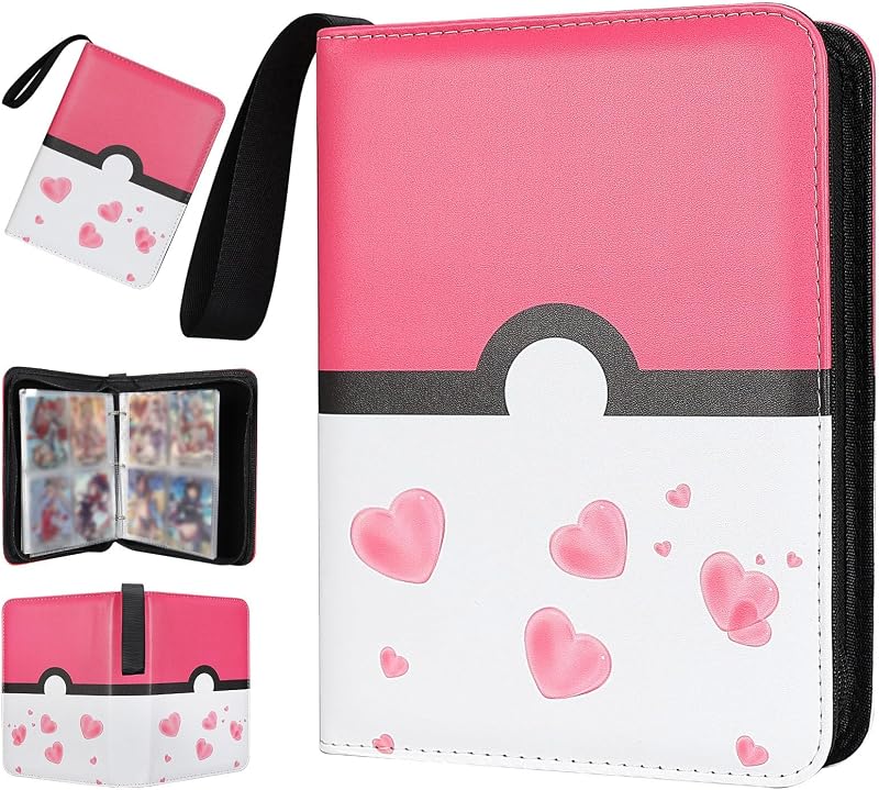 Álbumes de tarjetas coleccionables, carpeta de tarjetas de 4 bolsillos, 400 bolsillos de doble cara, carpeta de colección comercial con cremallera premium de PU con 50 fundas extraíbles, carpeta de tarjetas para TCG, tarjetas zapatillas (rosa blanco)