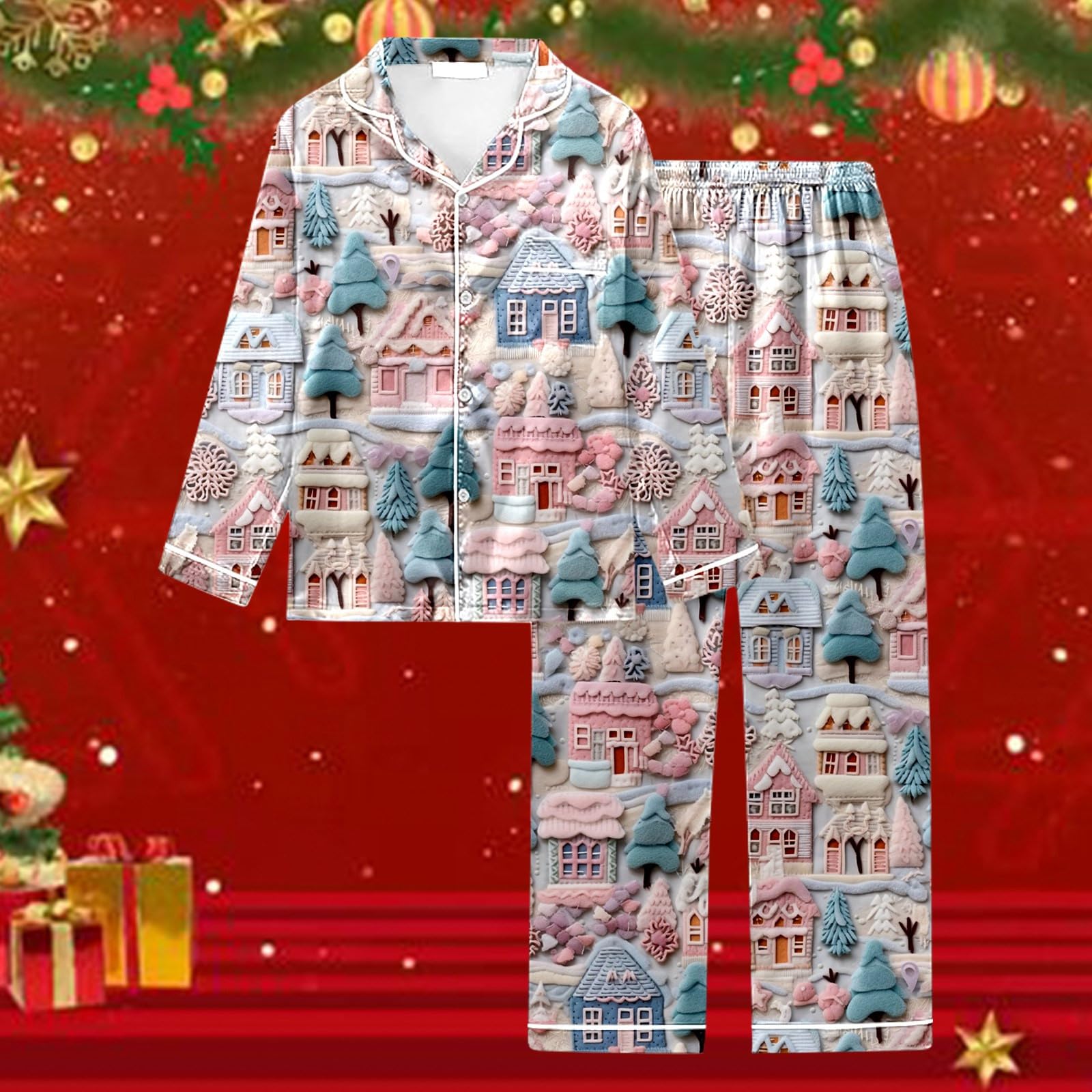 CMBSSTFC Pigiama da Donna, Pigiama Natalizio Stampato da Donna, Pantaloni Lunghi Festivi e Top Combinato