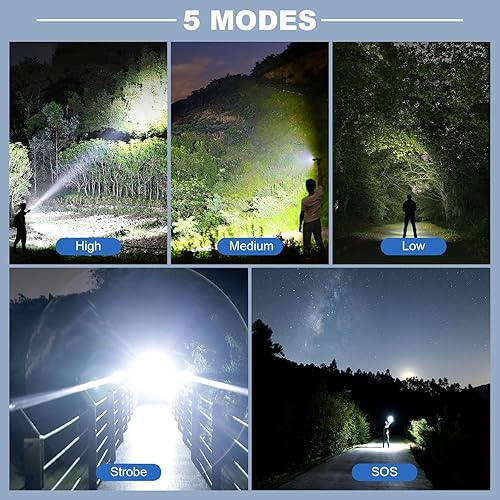 Miniatura 4 de Linternas recargables de alto lúmenes, 900000 lúmenes, linterna súper brillante, paquete de 2 luces LED de alta potencia, 5 modos12 horas de tiempo