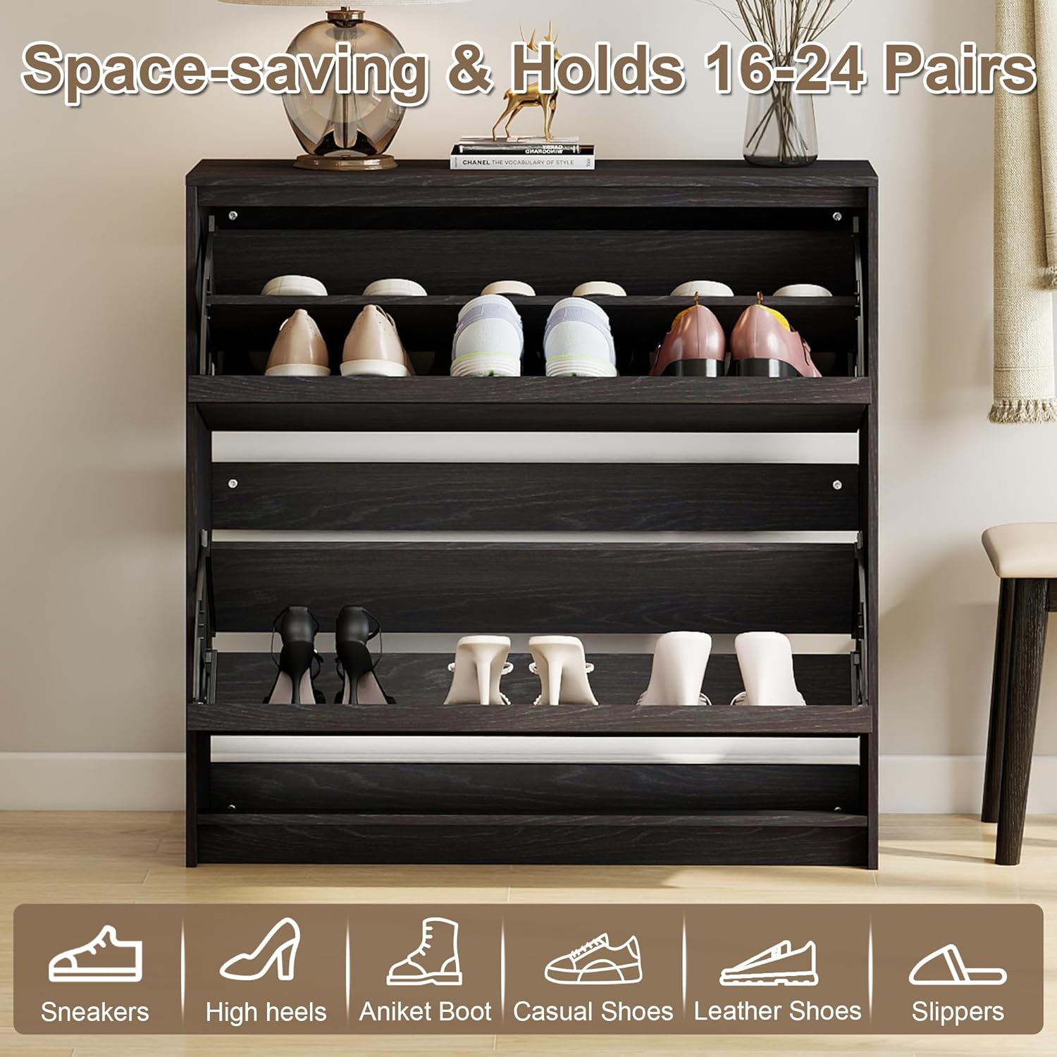 Shoe Cabinet with 2 Flip Drawers, Modern Narrow Shoe Storage Cabinet Organizer with Adjustable Shelf, Hidden Freestanding Shoe Rack for Entryway, Hallway, Living Room, Black