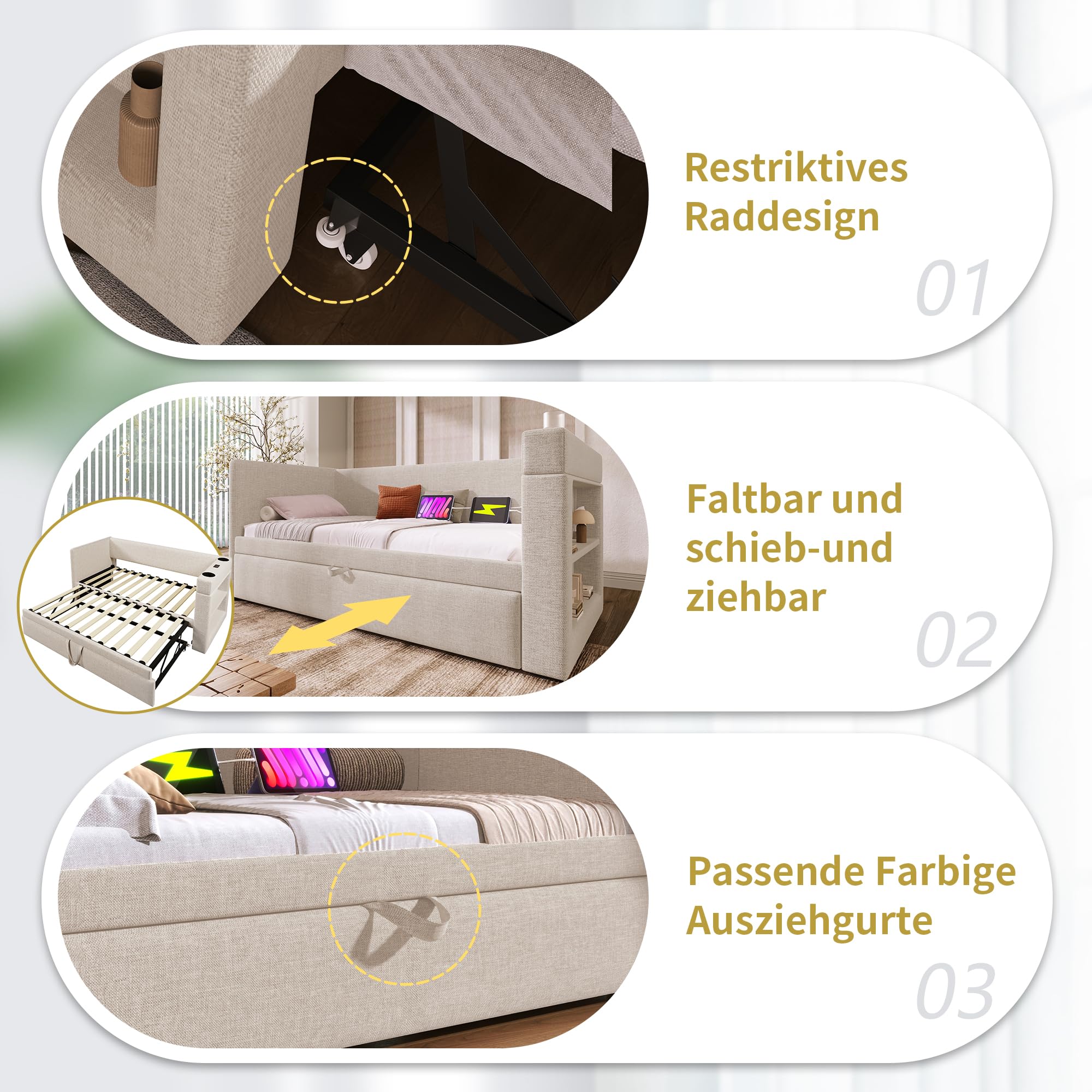 Cama de día multifunción para jóvenes, 90 x 190 cm, cama nido con puertos USB Type-C y USB y soporte para bebidas, cama infantil, cama tapizada, cama plegable, cama de invitados, beige (sin