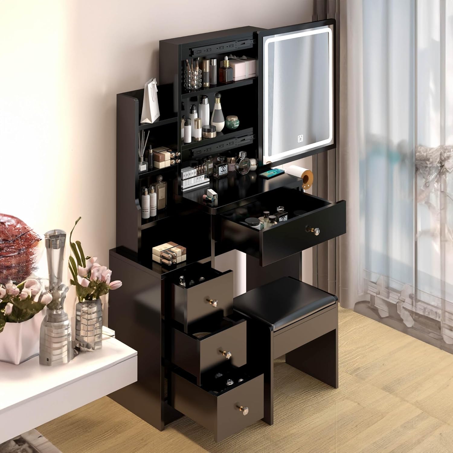 Makeup Desk Set with Mirror & Lights,Modern Makeup Vanity Desk with Stool,Makeup