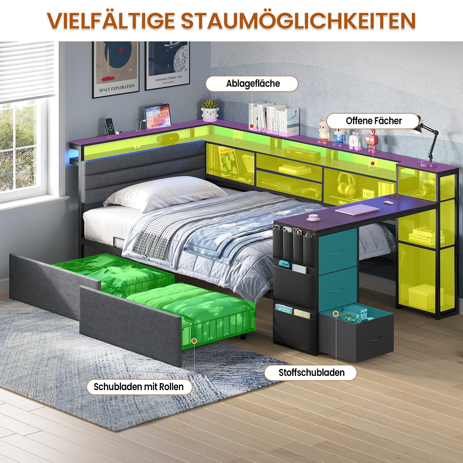 Jugendbett 90x200 mit LED-Beleuchtung und Ladestation |Polsterbett mit 91x35 cm integriertem Schreibtisch |Tagesbett mit gepolstertem Kopfteil |Daybed |Offene Fächer mit Schutzstangen |Schwarz