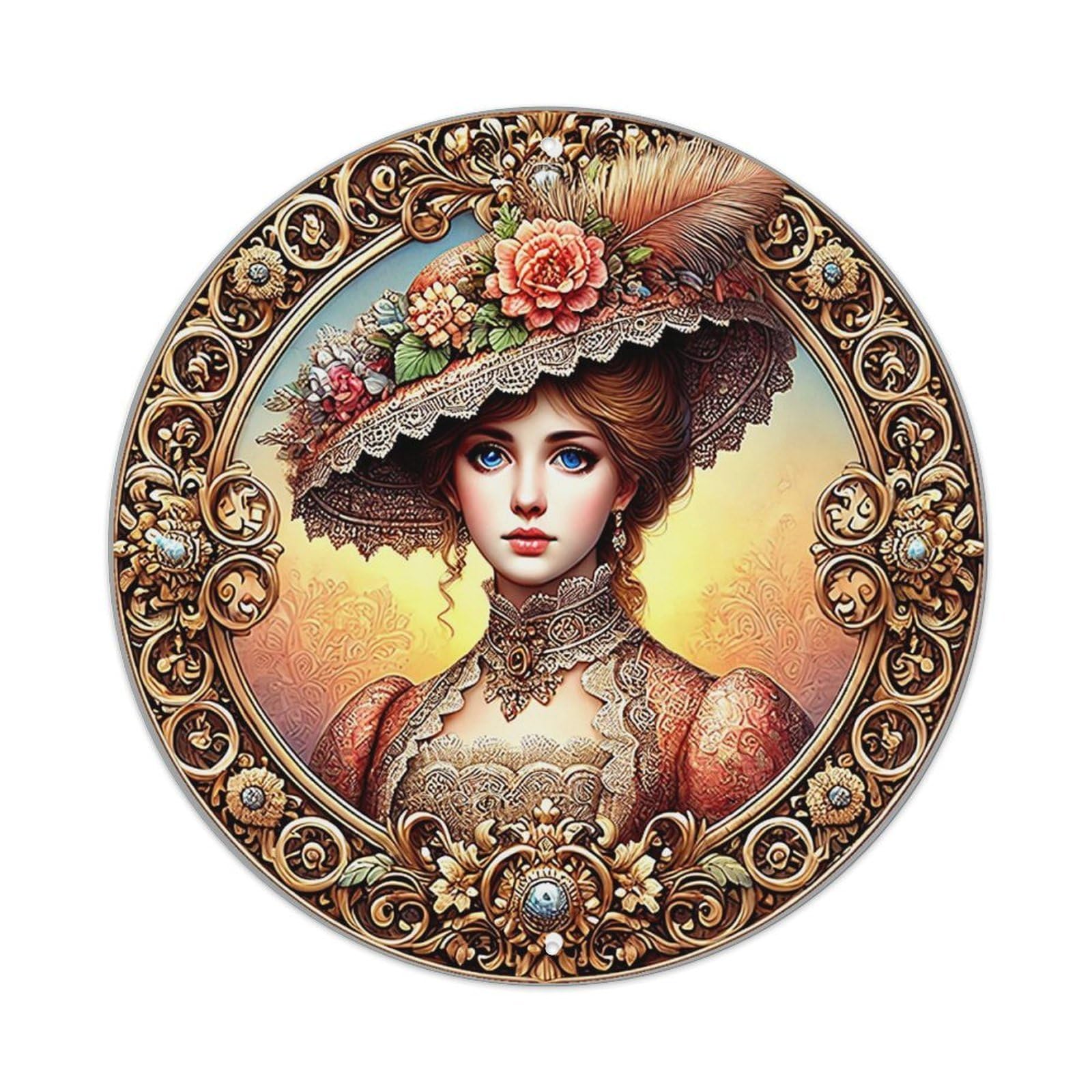 Floral Hat Lace Dress Ornate Vintage Round Tin Sign Retro Metal Wall Decor Metal Poster, Home Bar Garage Cafe Wall Art Decoration 8x8Inches