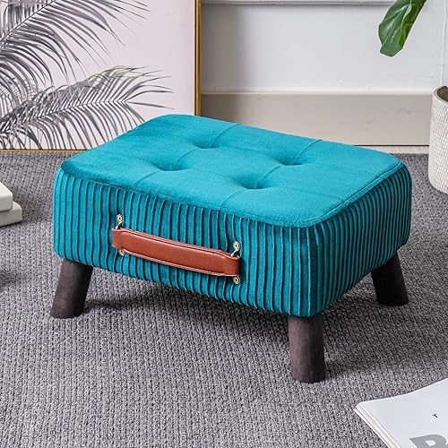Taburete pequeño otomano, reposapiés otomano rectangular de terciopelo verde azulado, taburete de noche con patas de madera, taburete rectangular
