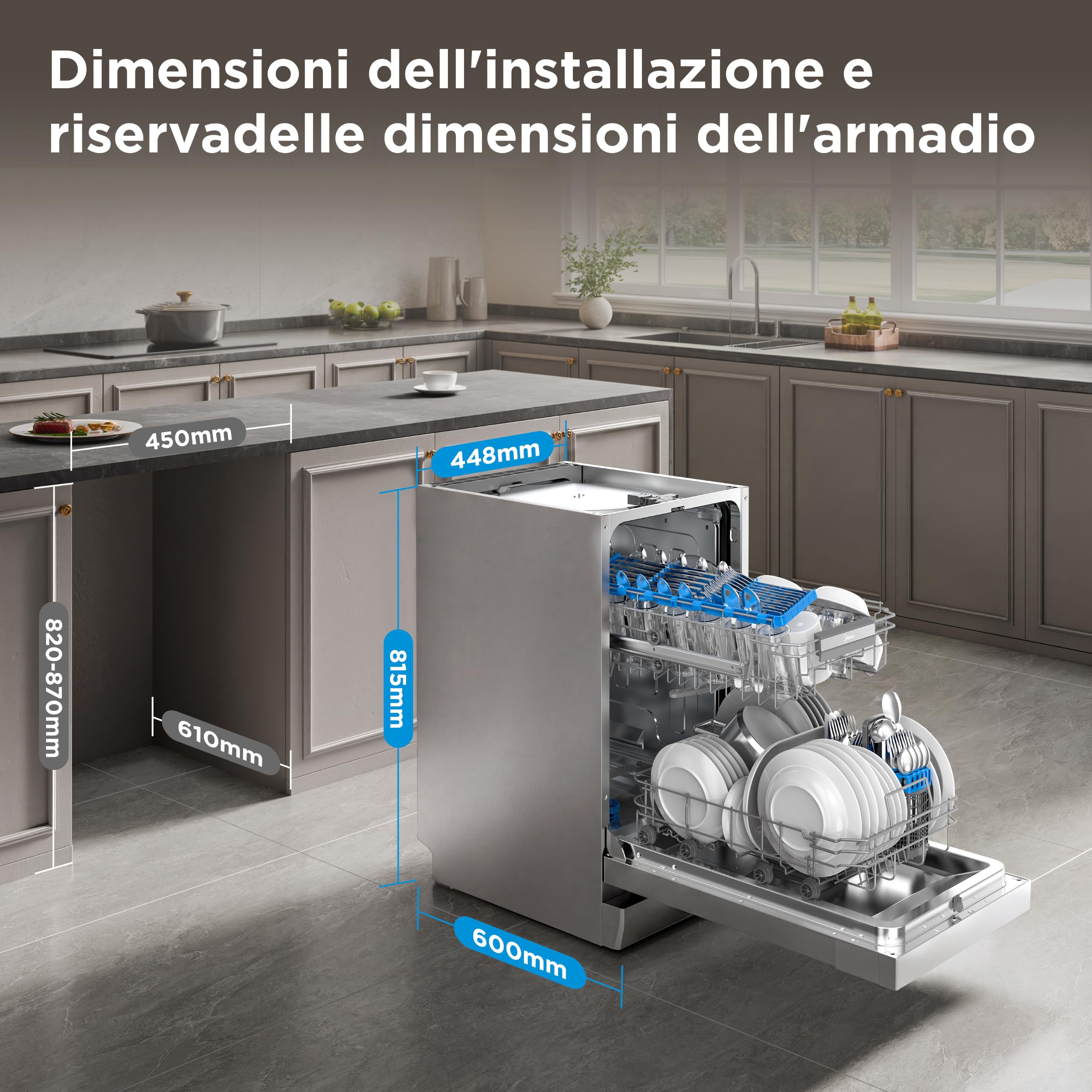 Midea MFD45S200X.1-IT Geschirrspüler, freistehend, mit 10 Decken, 8 Programme, LED-Display, Startvorwahl, Halblastfunktion, extra Trocknung, Edelstahl