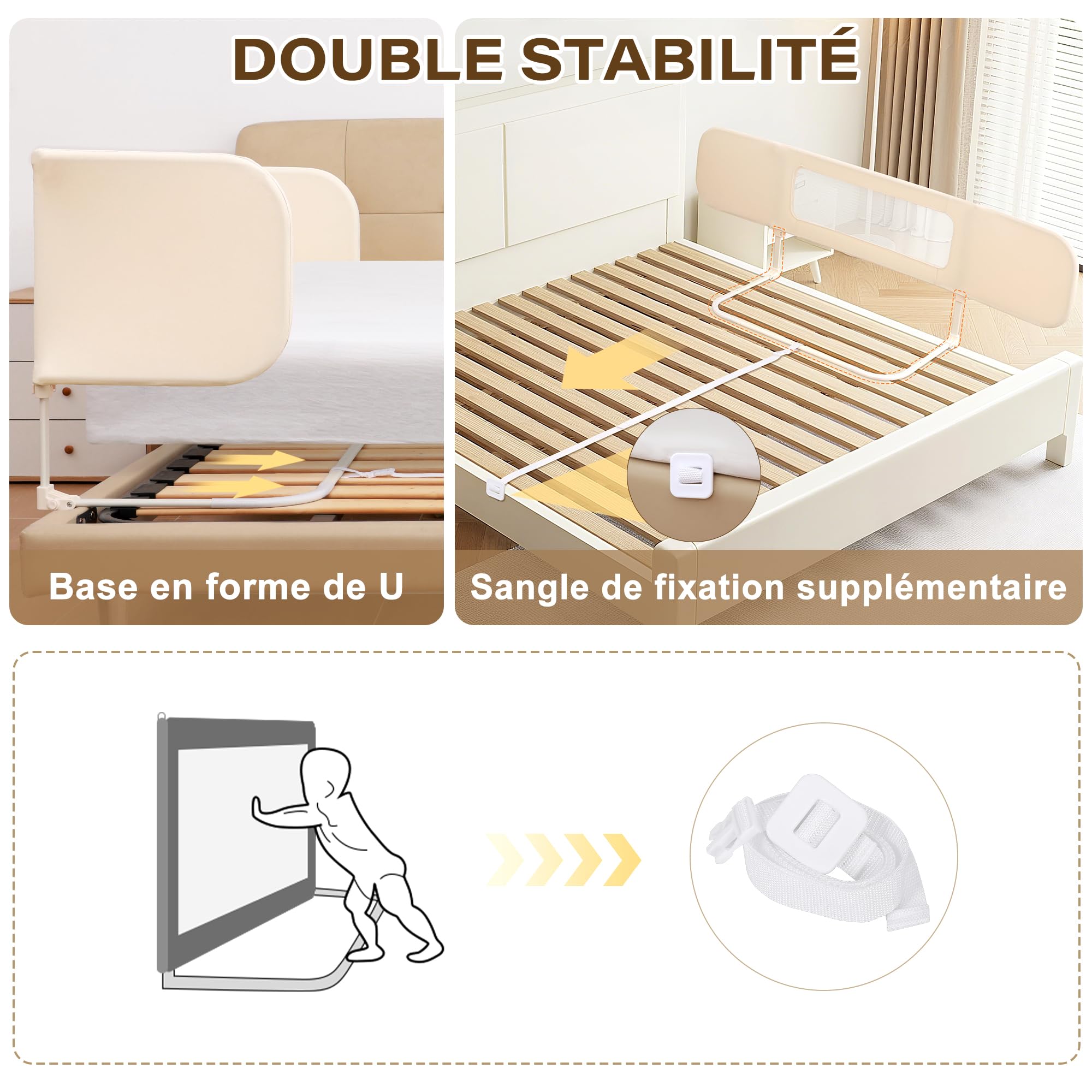 Barriere de Lit Enfant Pliable 2-en-1 185cm avec Sac de Transport, Crème