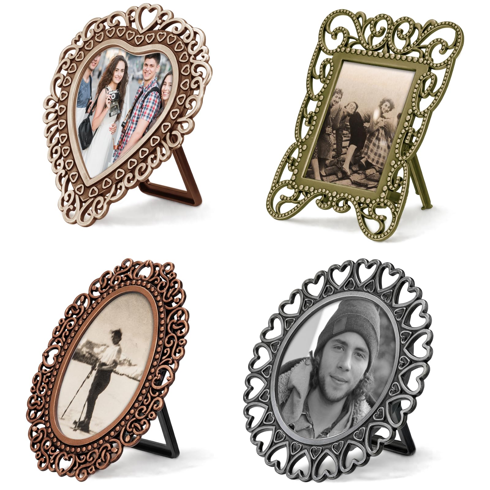 4 Pcs Small Picture Frames, Vintage Mini Photo Frames Antique Metal Tiny Photo Frame for Bookshelf Tabletop and Wall Display DIY Art Decor (Random Colors)