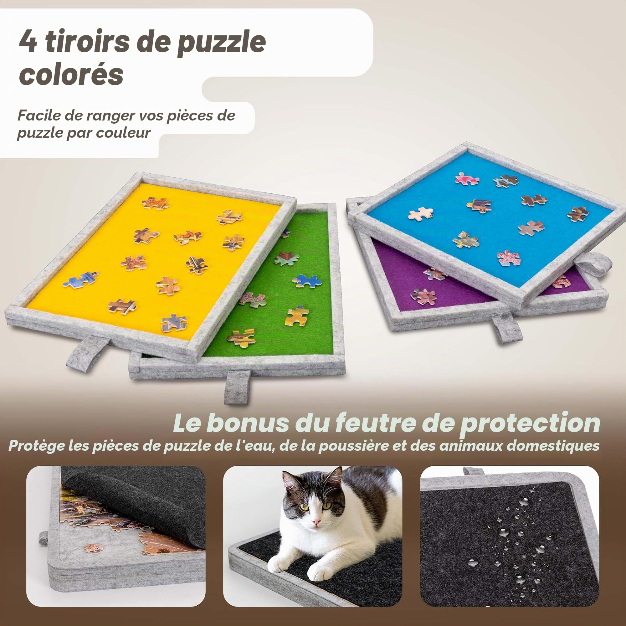 Becko US Planche de puzzle inclinable de 1000 pièces avec 4 tiroirs colorés, couvercle et rangement
