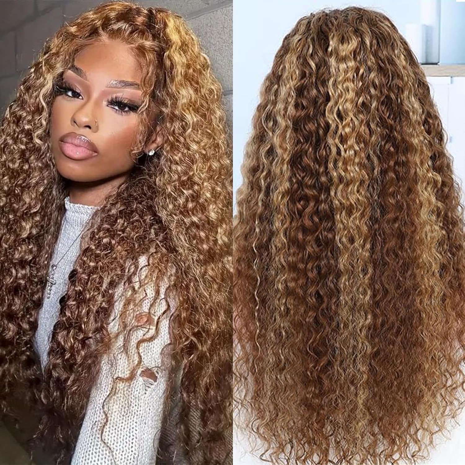 NOELLA 13x6 Honey Blonde Highlight Ombre Lace Front Wigs Human Hair 30 Inch Water Wave Curly Human Hair Wigs For Women Natural and Soft Wet and Wavy HD Lace Frontal Glueless Wigs 210% Density