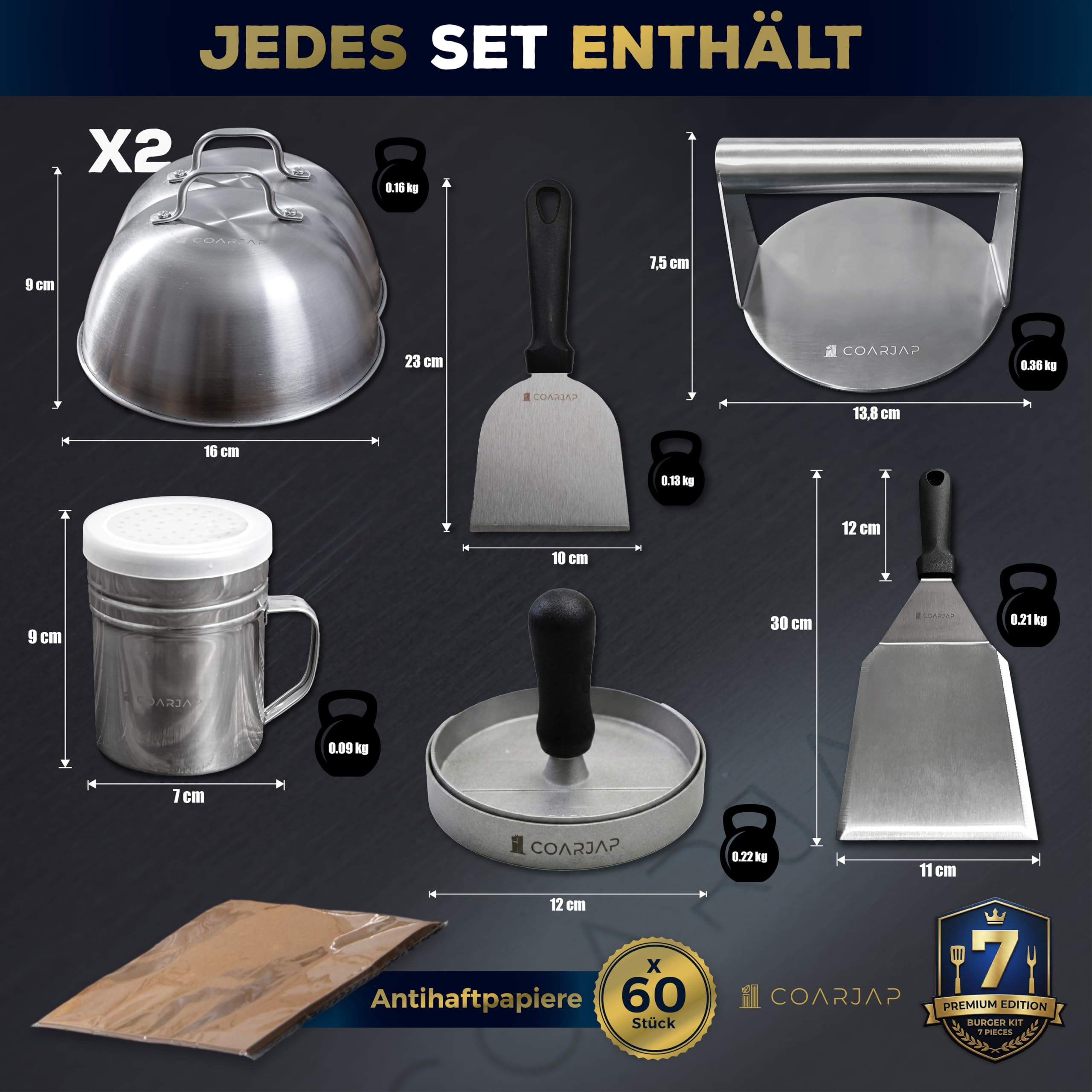 Smash Burgerpresse Set Premium - 7-teilig - Burger Smasher Set Grill aus Edelstahl 304-2 Burgerglocken, Grillspachtel Set, Gewürzstreuer + 60 Antihaftpapier - Grill Zubehör Burger