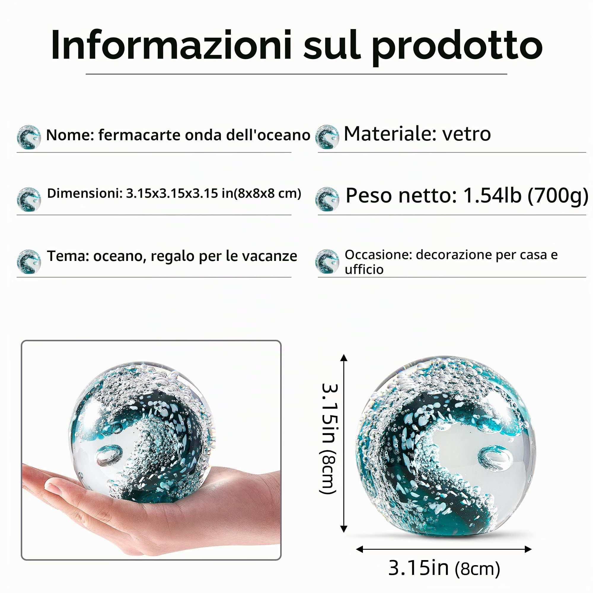 EUSTUMA Statuetta in vetro soffiato a mano con onde oceaniche, fermacarte decorativo per la casa e l'ufficio, decorazione per acquario, turchese, per gli amanti