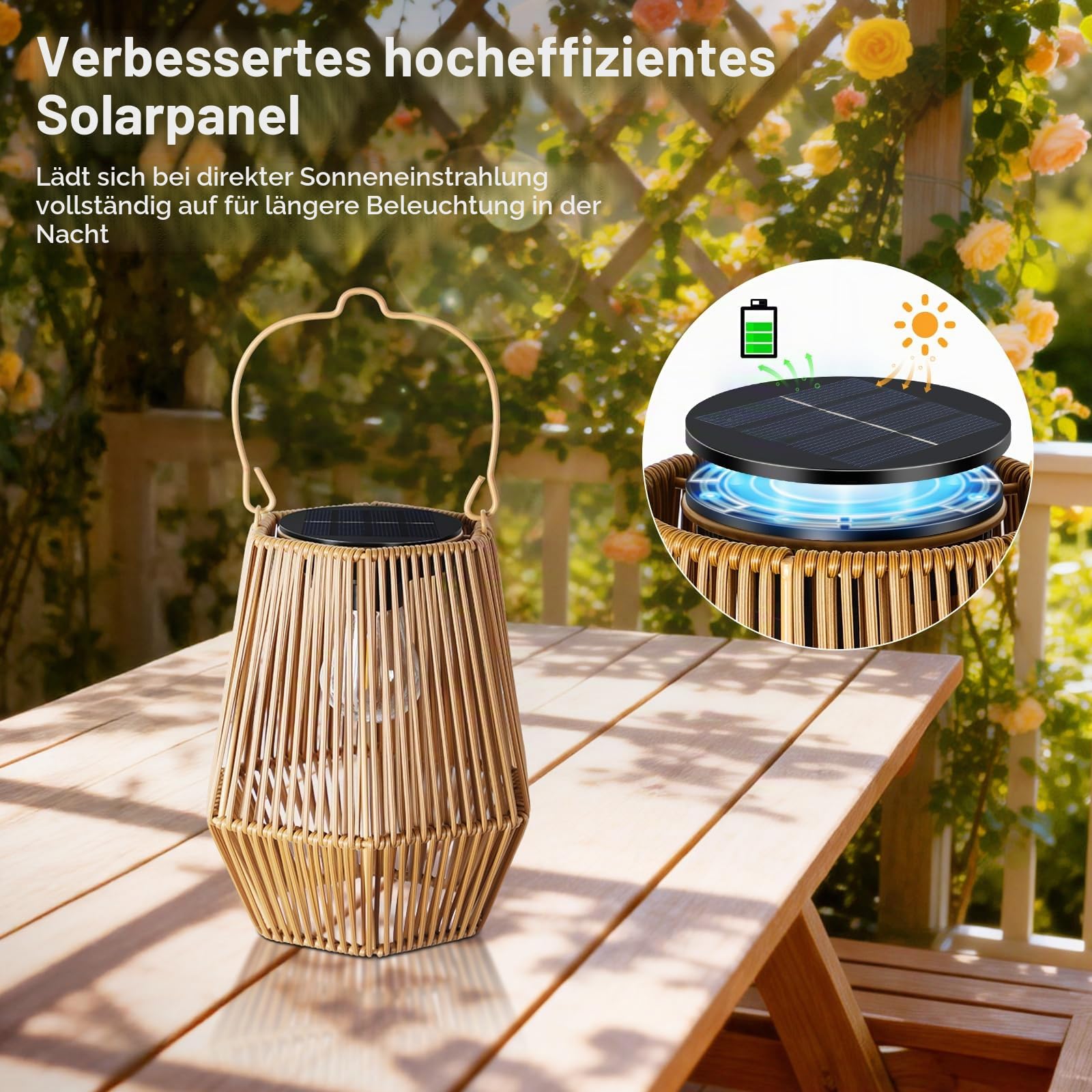 2er Set Solarlaternen für Außen, Rattan Hängend/Stehend mit LED, wasserdicht, Automatisches Ein-/Ausschalten, Handgefertigt, dekorativ für Garten, Terrasse, Veranda, Balkon & Tisch
