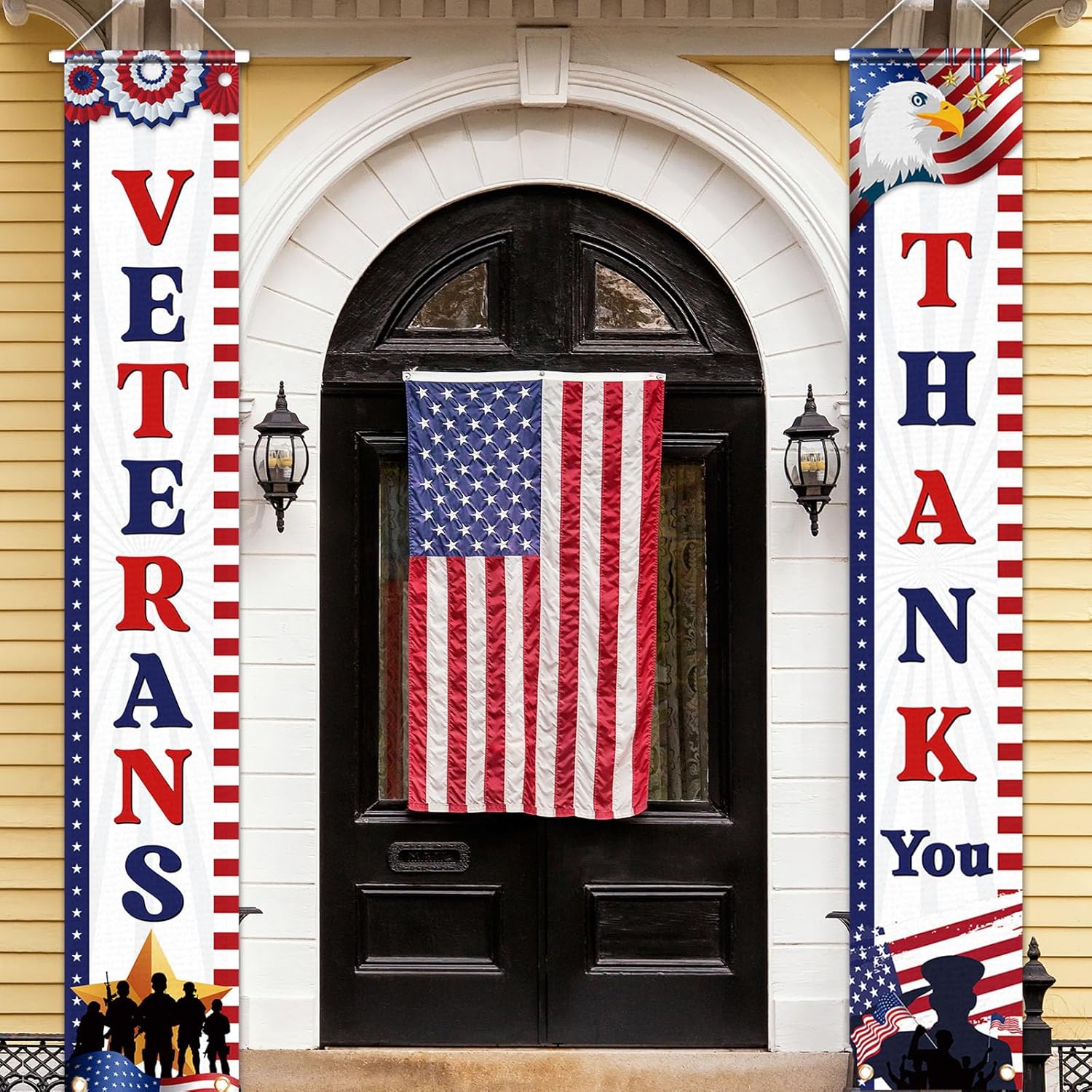 Veterans Day Decorations - Thank You Veterans Hanging Door Banner, Veteran‘s Day Porch Banner Patriotic Decorations Sign Banners for Greeting Veterans Day Party Memorial Day Decorations