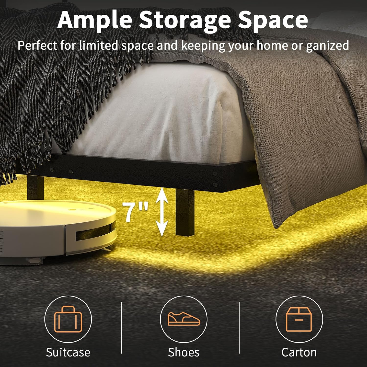A robot vacuum cleaning under the HOMBCK floating bed frame, demonstrating the 7-inch under-bed clearance.