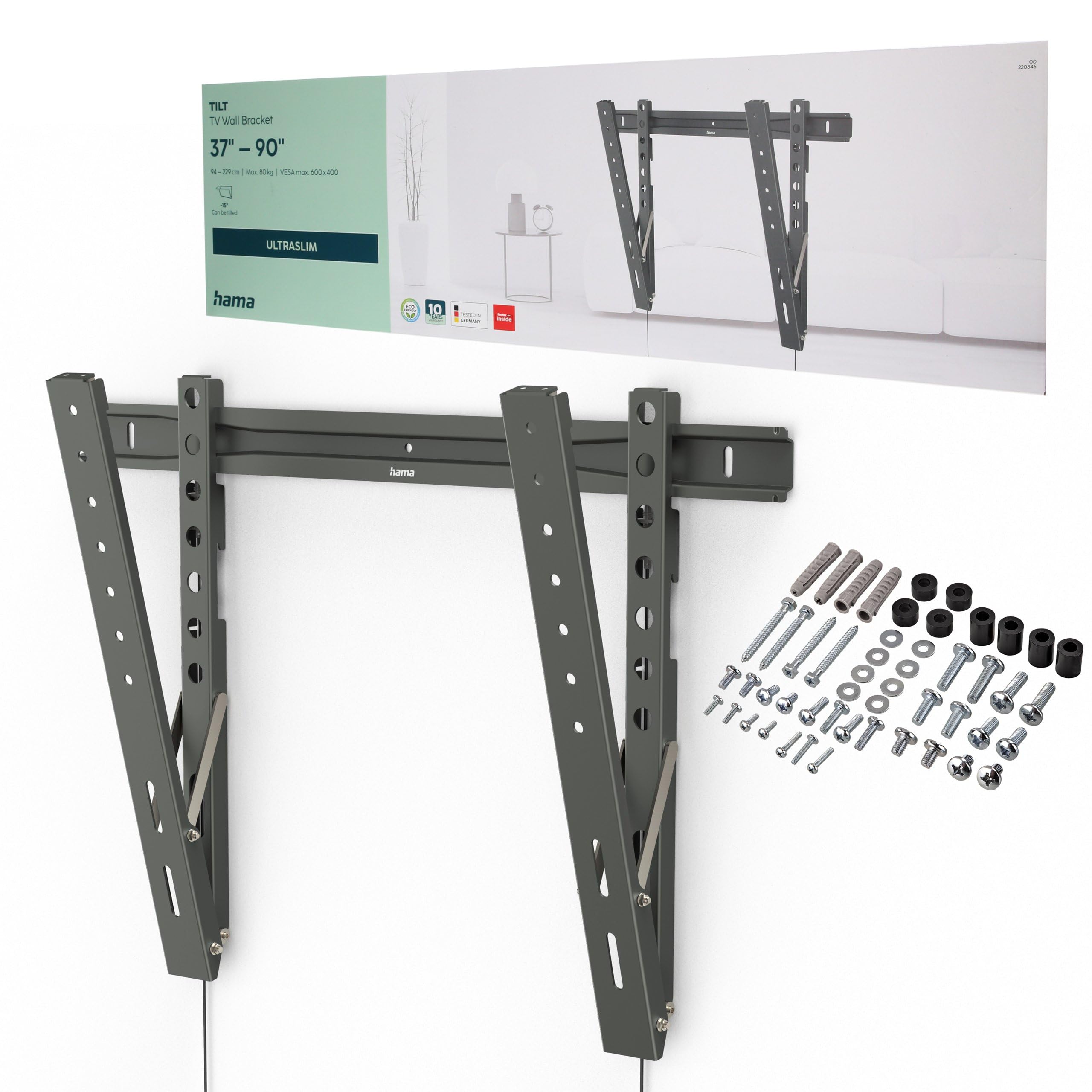 Hama TV Wall Mount, Ultra-Slim, Tiltable (TV Wall Mount 90 Inches, VESA 50 x 50 to VESA 600 x 400, up to 80 kg, Wall Distance 2 cm, Extra Flat, Height Adjustable, with Fischer Dowels) Anthracite