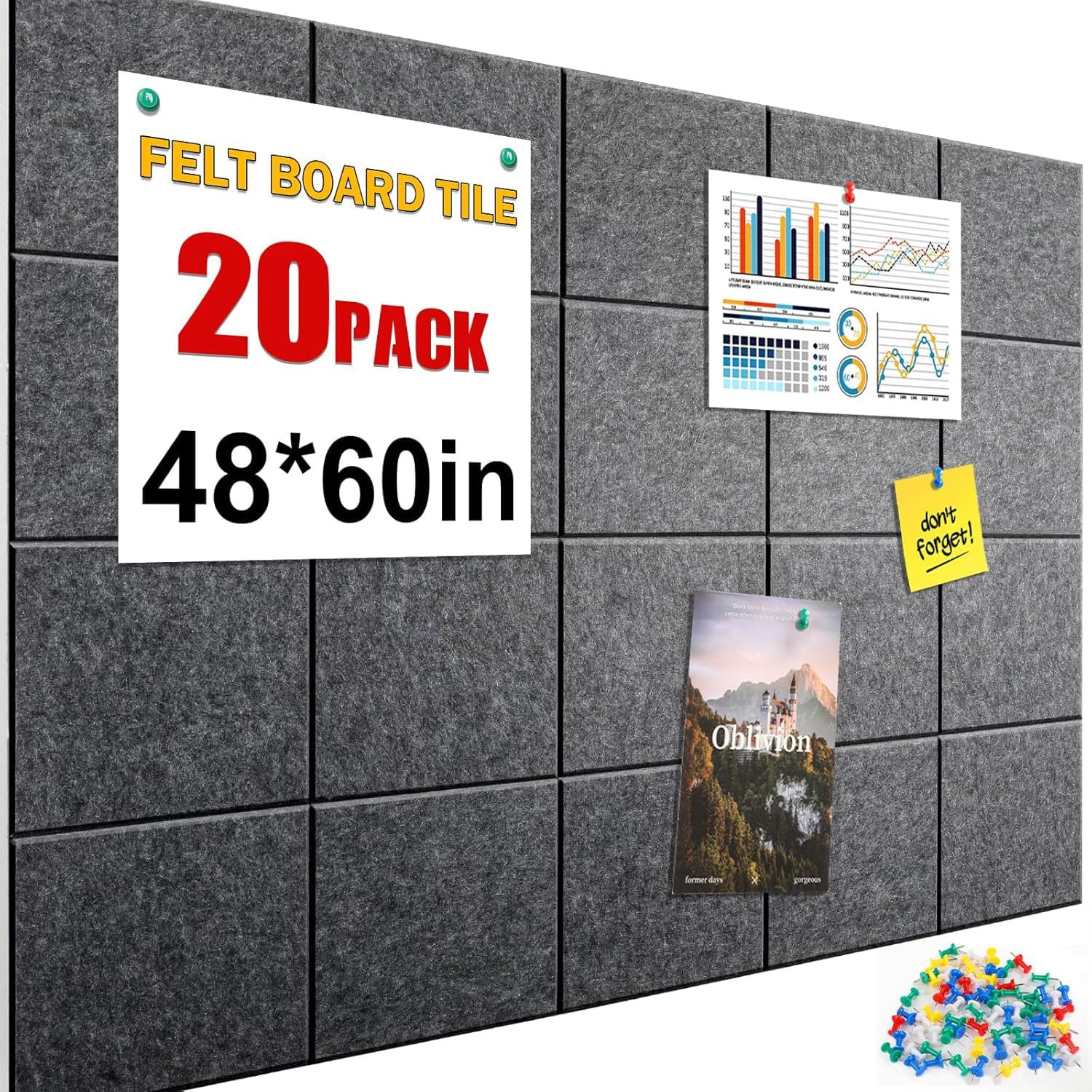 Cork Boards for Walls 48" x60”, 20 Pack Grey Bulletin Board, Reusable Felt Wall Tiles with 105 Pins and Non-Marking Adhesives, Cork Board for Office Pin Board