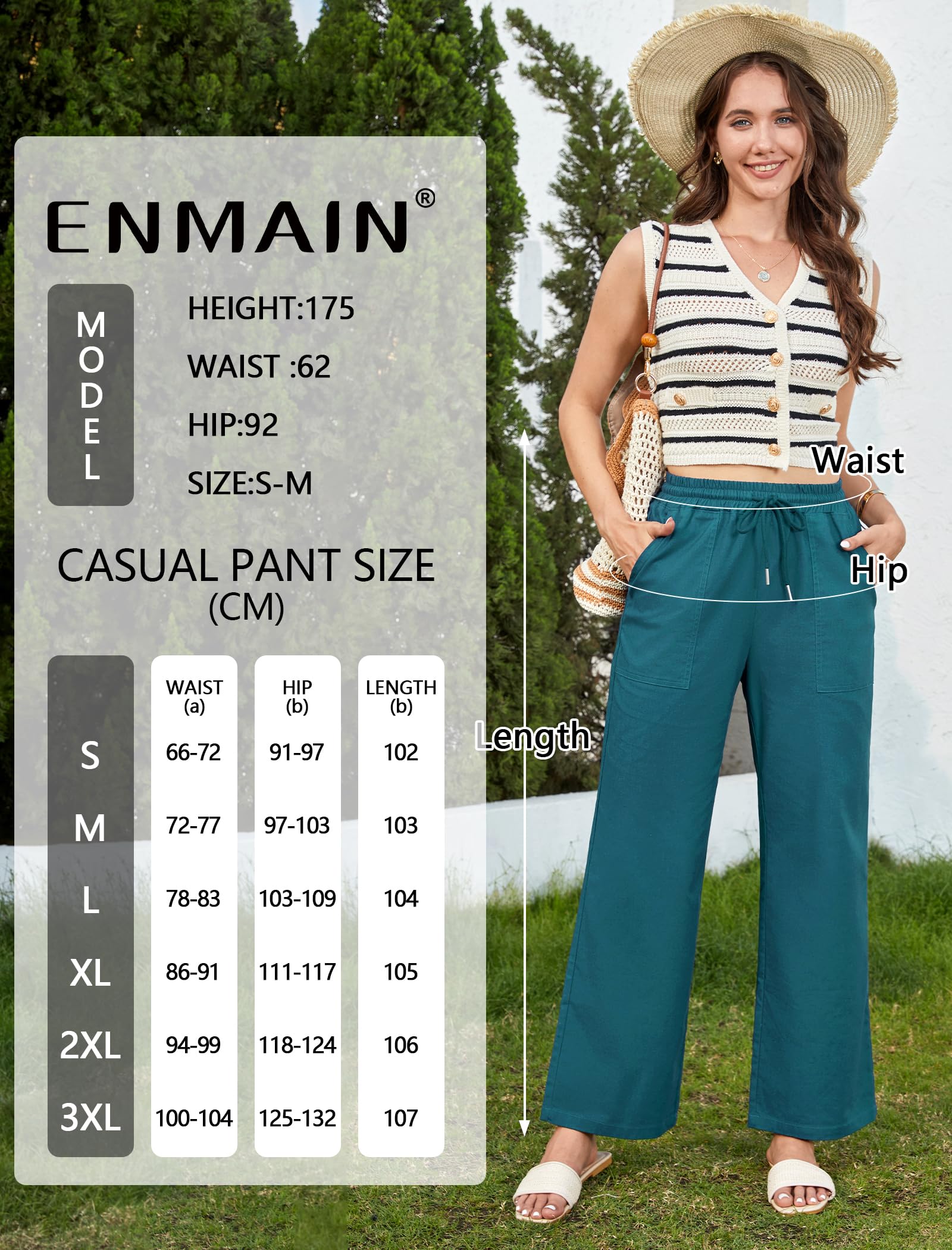 Enmain Pantalon Fluide Femme Été en Lin Pantalons Taille Élastique Décontracté Léger Ample avec Poches pour Vacances Plage ou Balade