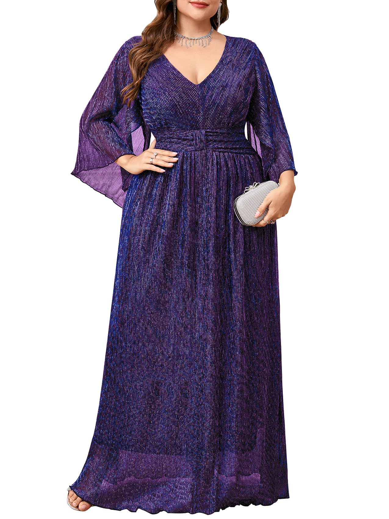 TIARALY Plus Size Formal Dress Maxi Sparkly V Neck A-line Handkerchief Sleeve Evening Gown Wedding Guest Cocktail Gala