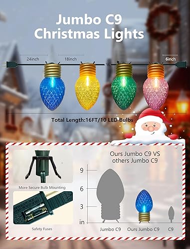 Miniatura 2 de C7 - Tira de luces de Navidad jumbo de 16 pies, luces de Navidad para decoración al aire libre con 10 patrones de diamantes grandes, bombilla