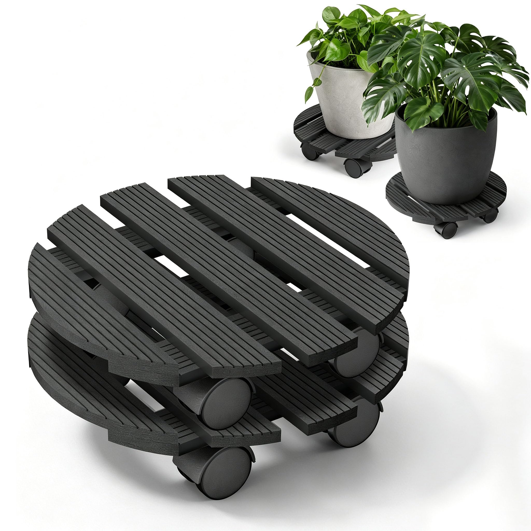 2 Pack Round Plant Caddy Stand with Wheels, WPC for garden,Anthracite