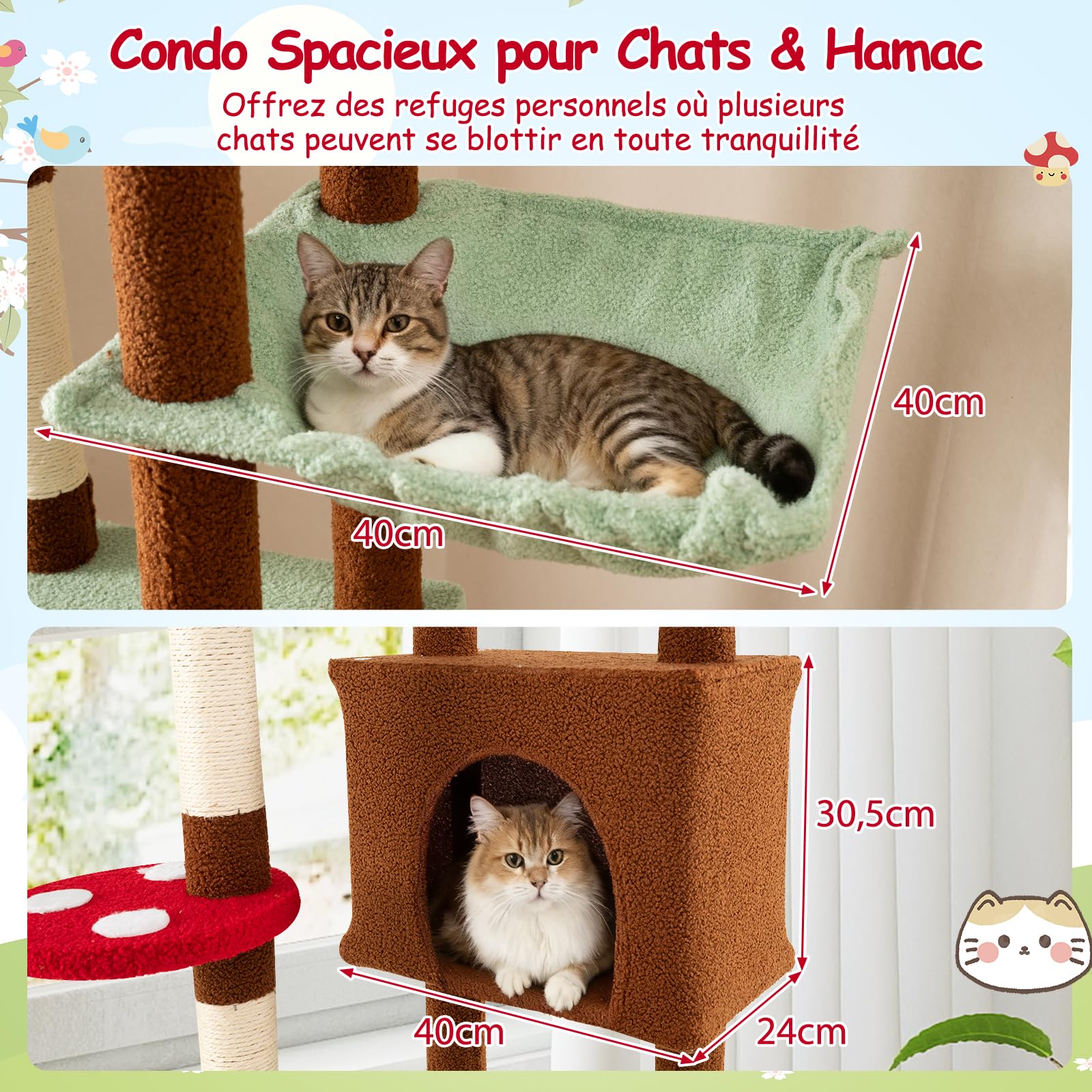 COSTWAY Arbre a Chat Plafond, H207-237 cm/247-277 cm Réglable, Arbre a Chat Design XXL, 6 Plateformes, 6 Poteaux à Griffer en Sisal, Condo, Panier, Hamac, 2 Pompons (207-237 cm/247-277 cm,Multicolore)