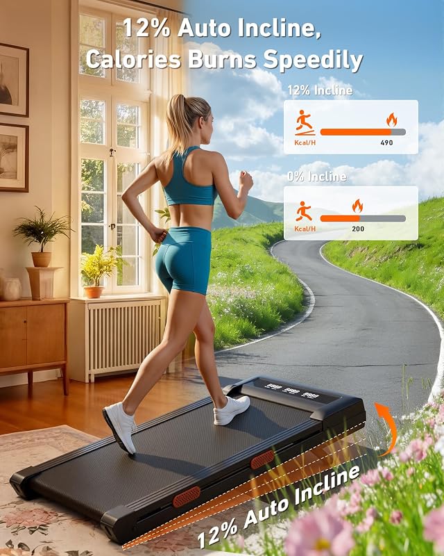 MJWW Walking Pad Treadmill with 9% Auto Incline, 3.0HP Powerful Under Desk Treadmill for Home Office, 300lbs Capacity Portable Mini Treadmill with Remote & LED Display, No Assembly, Quiet Workout image 2