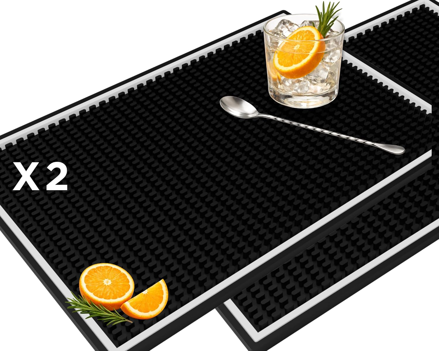 Bar Mat White Frame 18x12 in 2 Pack Silicone, Non-Slip Cocktail Mat for Home Bar, Bartending Mat, Outdoor Bar Accessories, Happy Hour Gift, Tiki Bar Decor, Pool Bar Mat