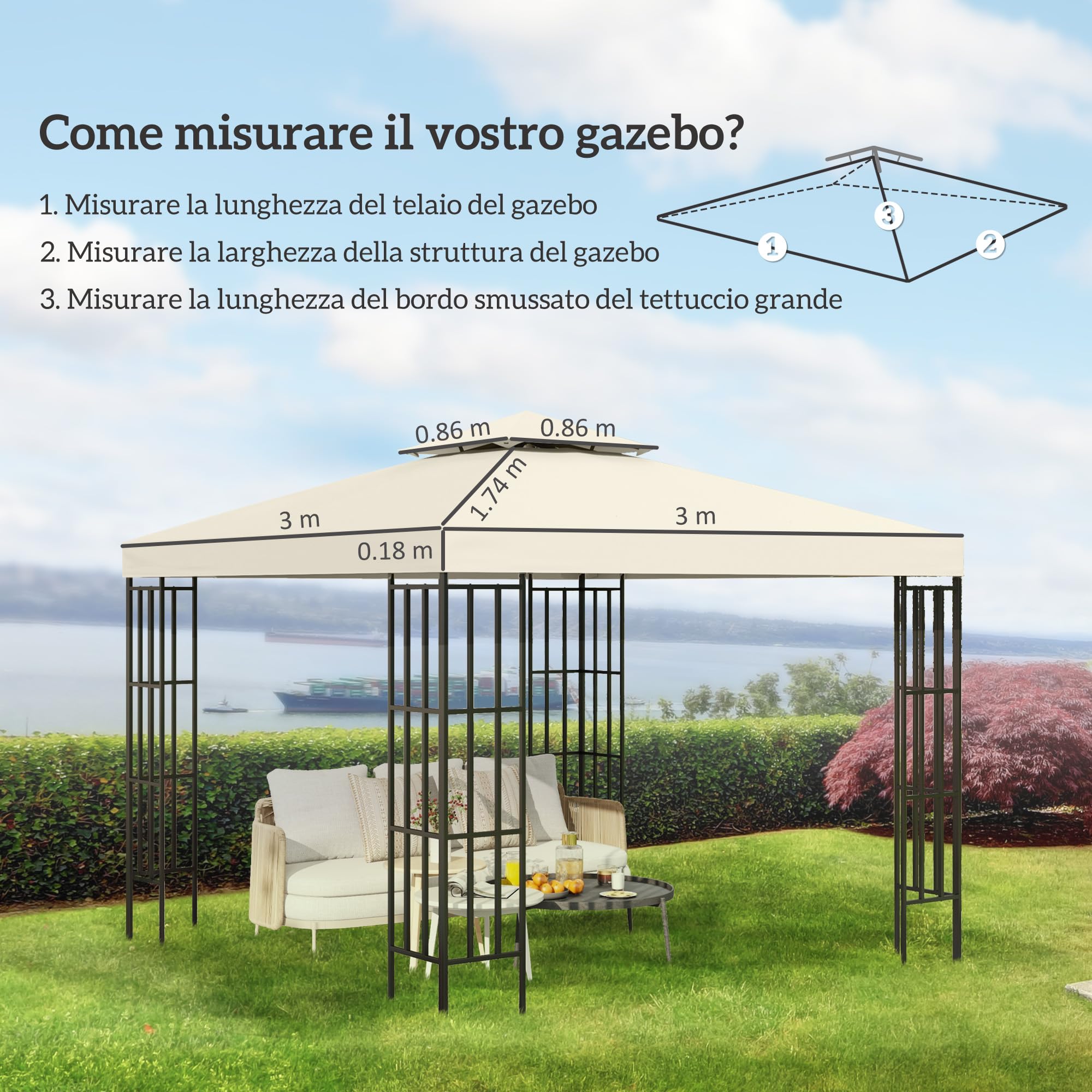 Outsunny Telo Gazebo 3x3 m a 2 Livelli in Poliestere Resistente, Copertura Gazebo 3x3 con 8 Fori di Drenaggio e Cinghie in chiusura a strappo, Crema