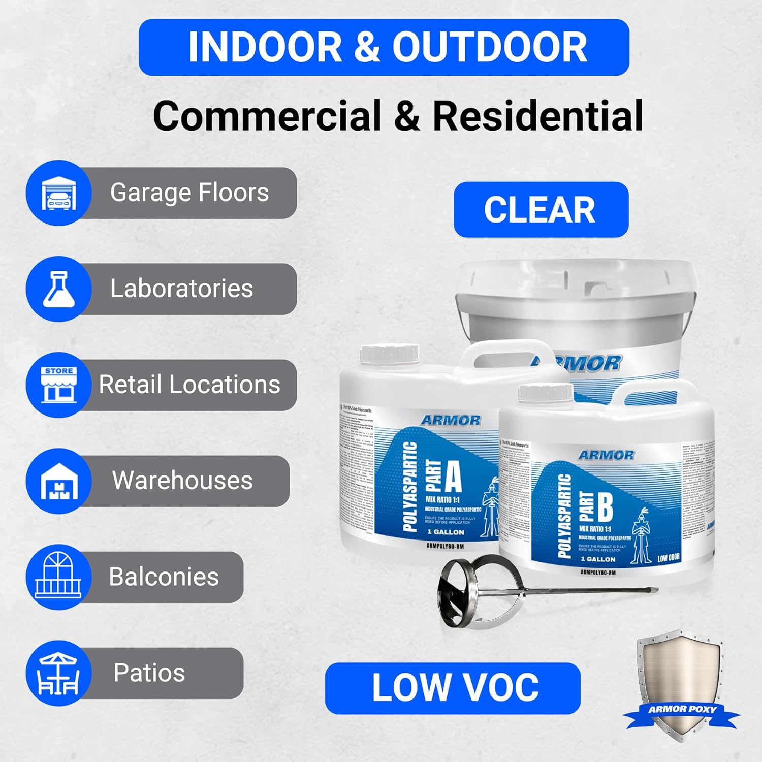ArmorPoxy Polyaspartic Floor Coating - 2 Part Industrial Protective Fast Cure - Strong Coating for Garage Floors, Warehouses, Automotive, 2 Gals (Clear)
