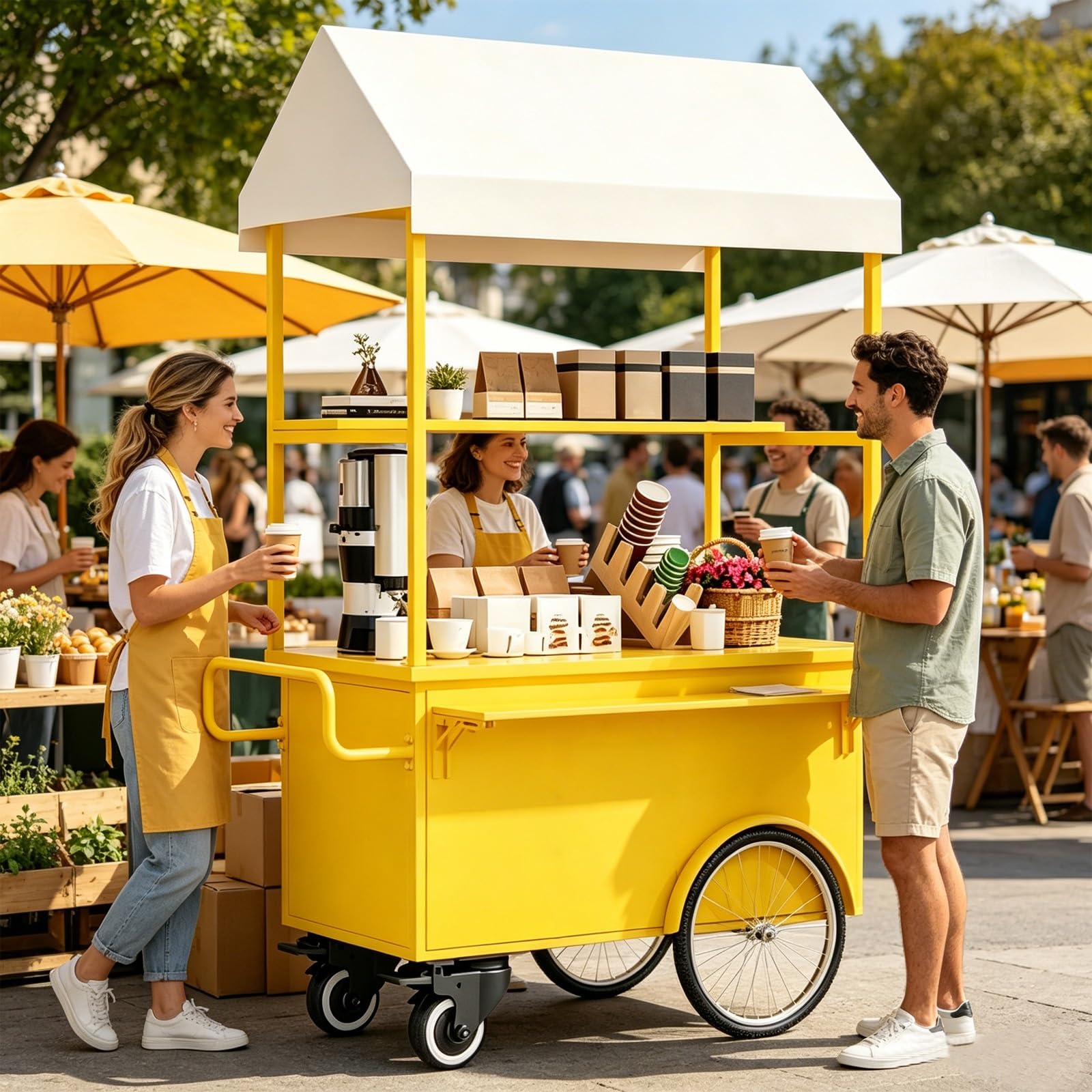 Marktstand Verkaufsstand, Imbisswagen mit Dach, Rädern, 3-lagig, aus Eisen, für Märkte, Streetfood und Pop-up-Events(Black)