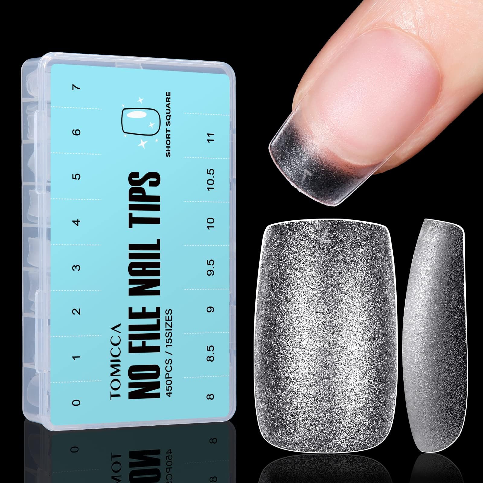 TOMICCA Short Square Nail Tips - 450Pcs Acrylic False Gel Nail Tips, 15 Sizes Soft Gel Full Cover Nail Tips with Case, Double-sided Matte Gel Nail Tips for Nail Extensions, 1.0 count, 450