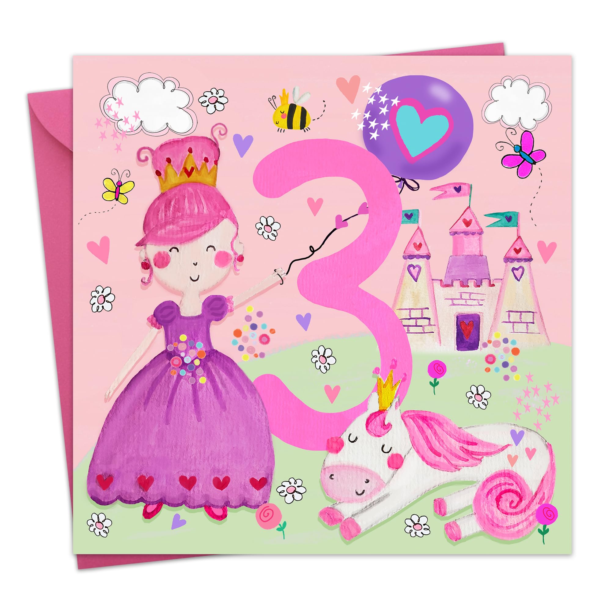 Biglietto Di Auguri Per 3° Compleanno Bambina – Design Supereroe – 15,5x15,5 Cm Con Busta – Prodotto In UK – Twizler