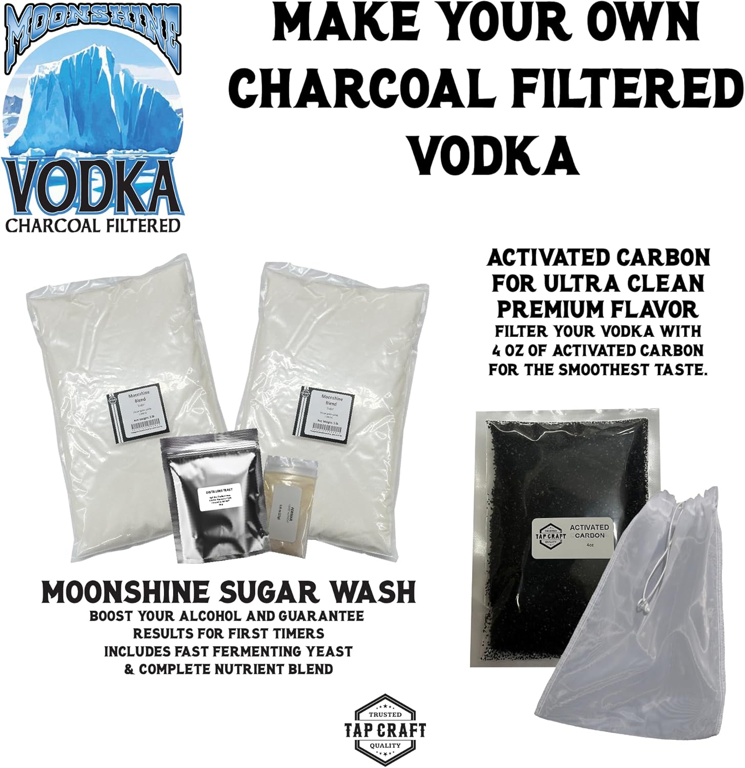 Moonshine Vodka Making Recipe Kit – DIY Home Distillation Recipe Set with Activated Carbon Filtering – 5 Gallon Neutral Spirits & Vodka – Complete Home Distilling Supplies