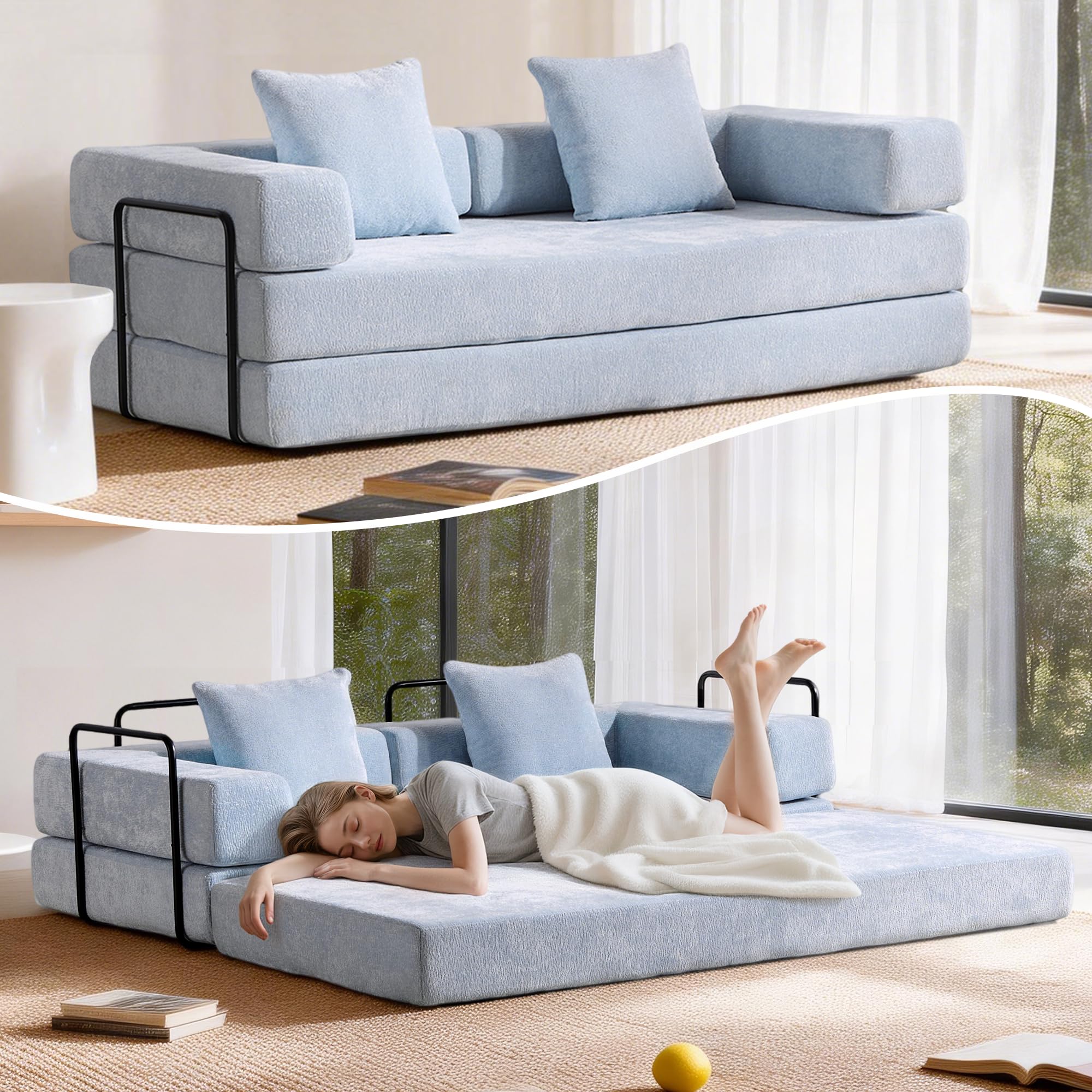 Trygoal Convertible Floor Sofa Bed, Fold Out Floor Couch with Pillow Back & Armrest, Compressed Couch with Fixed-Shape Frame, Chenille Foldable