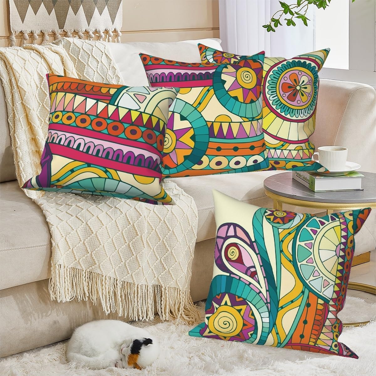 Bohemian Style Throw Pillow Covers 18"x18" Set of 4, Boho Pillowcase Vintage Flowers Cushion Cover for Couch Sofa Bed Chair Living Room Farmhouse Indoor Outdoor Home Decorative