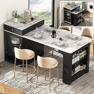 59.5" Kitchen Island with Extendable Dining Table and Charging Station, Kitchen Cart with Double-sided Storage and Spice Rack, Prep Table with 2 Drawers, Power Outlet, Side Open Shelves (Black)